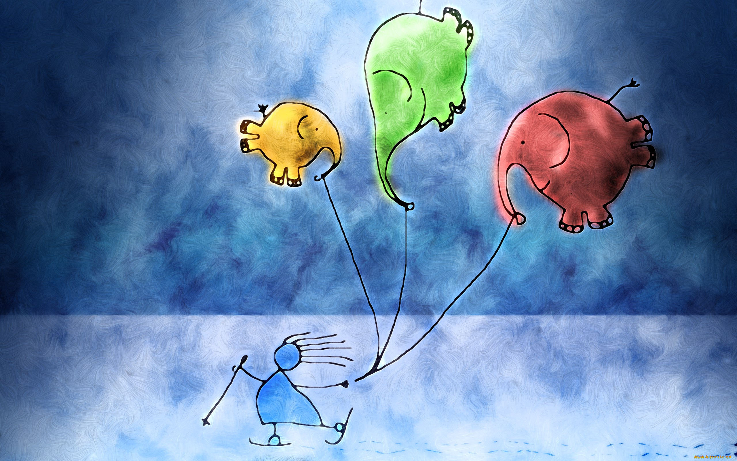 рисованное, vladstudio, человечек, лыжи, шарики, слоны