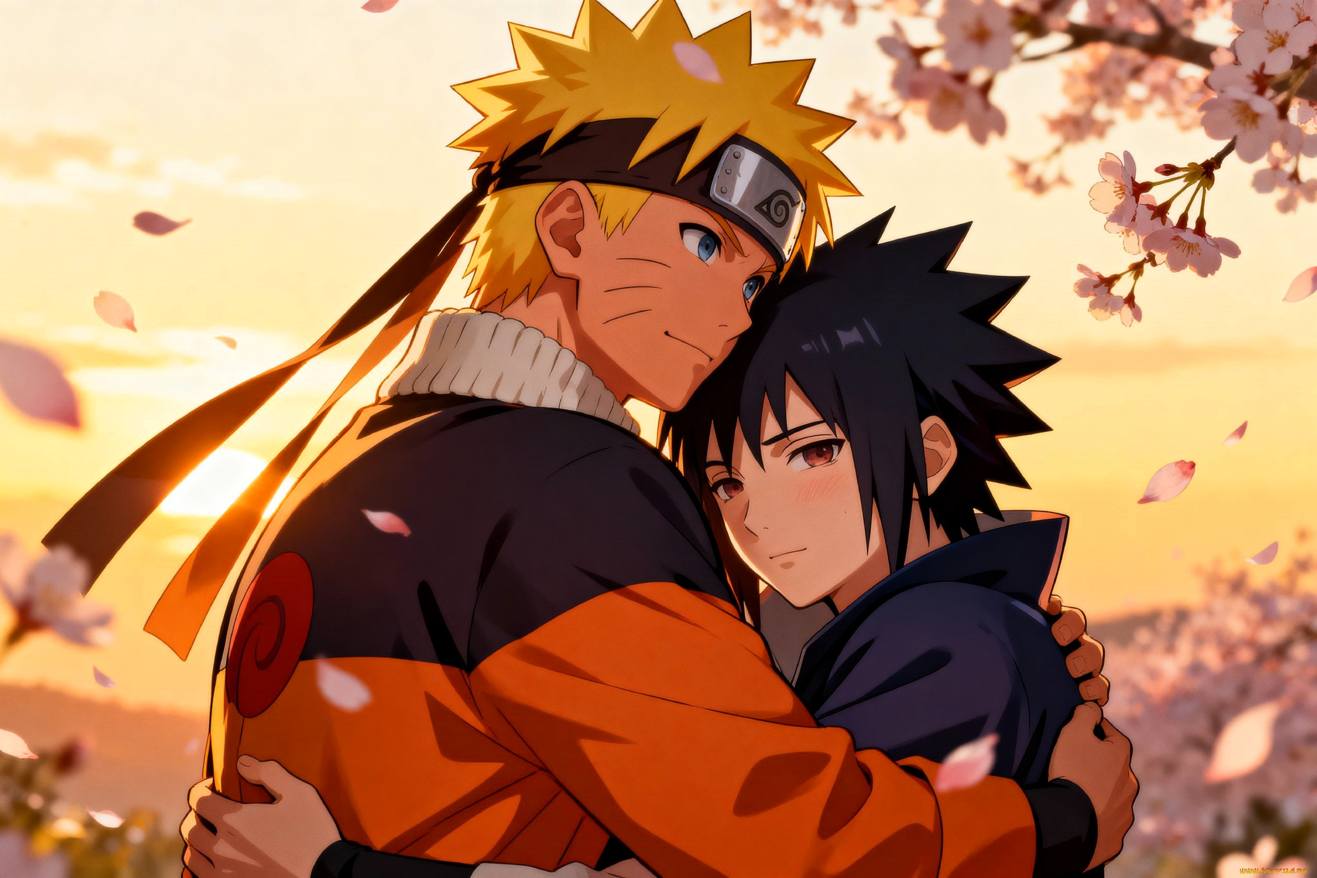аниме, naruto, узумаки, наруто, учиха, саске, объятия, цветение