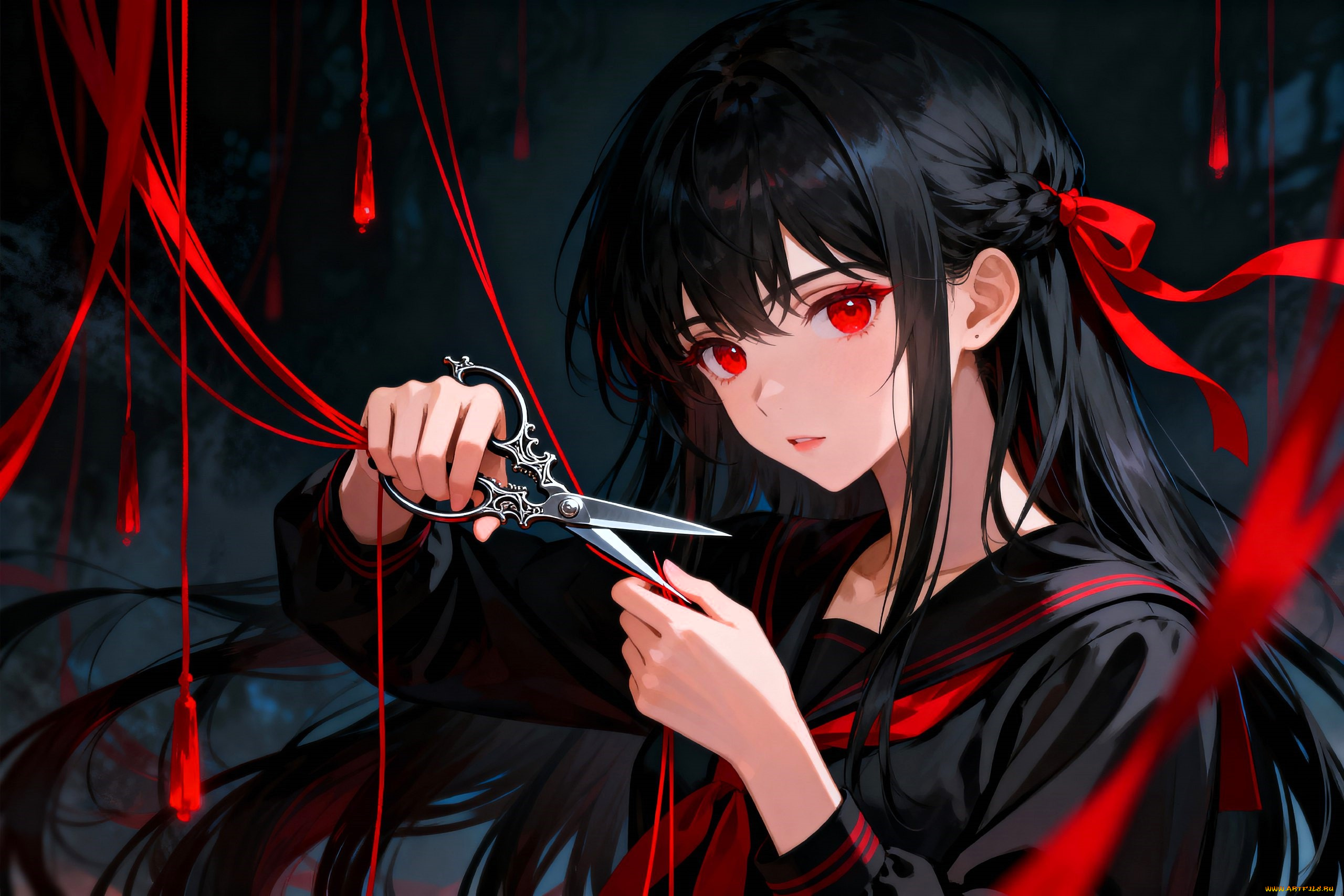 аниме, wuthering, waves, девушка, лента, нити, ножницы
