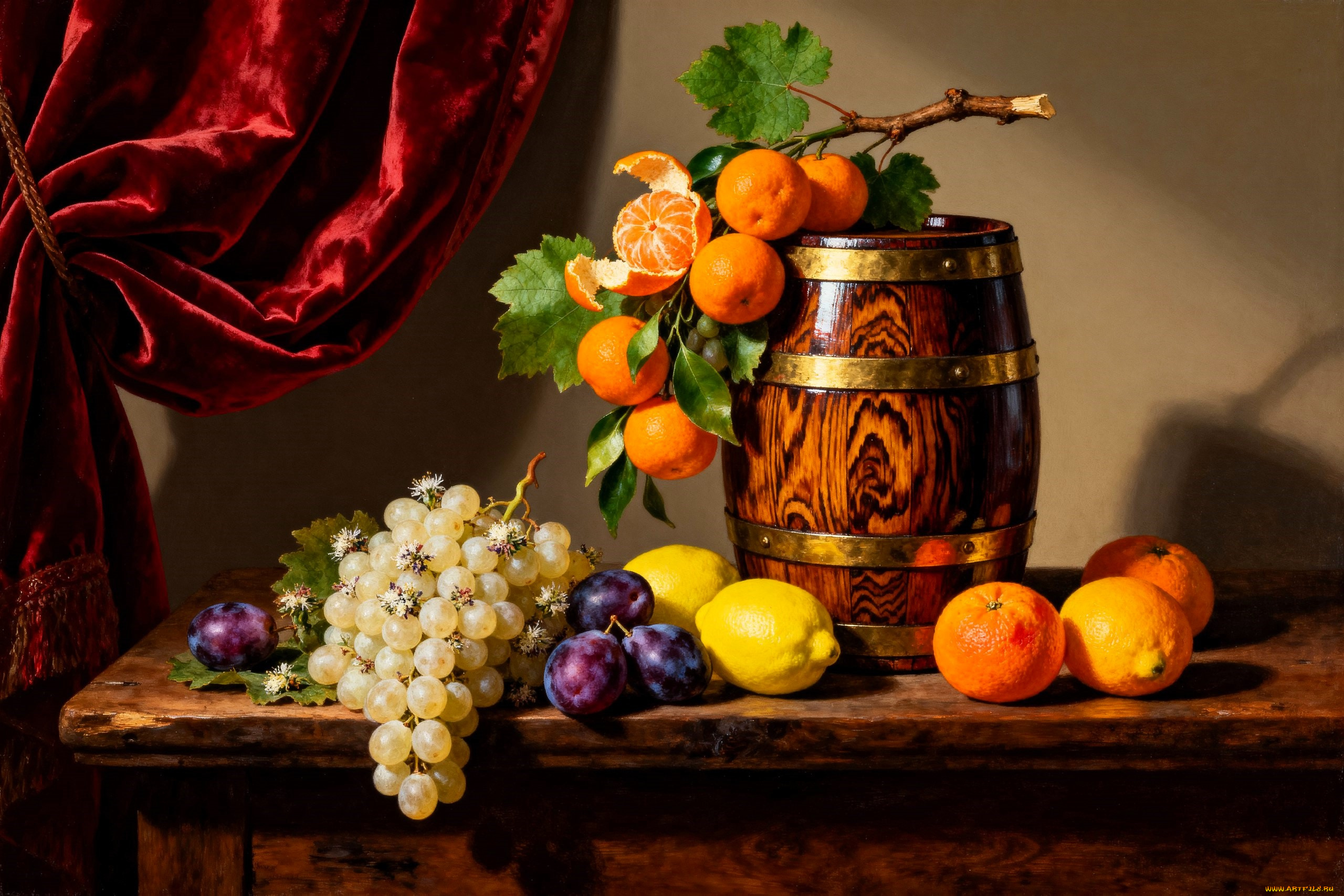 рисованное, еда, натюрморт, штора, стол, бочонок, фрукты, виноград, сливы, мандарины, лимоны, апельсины