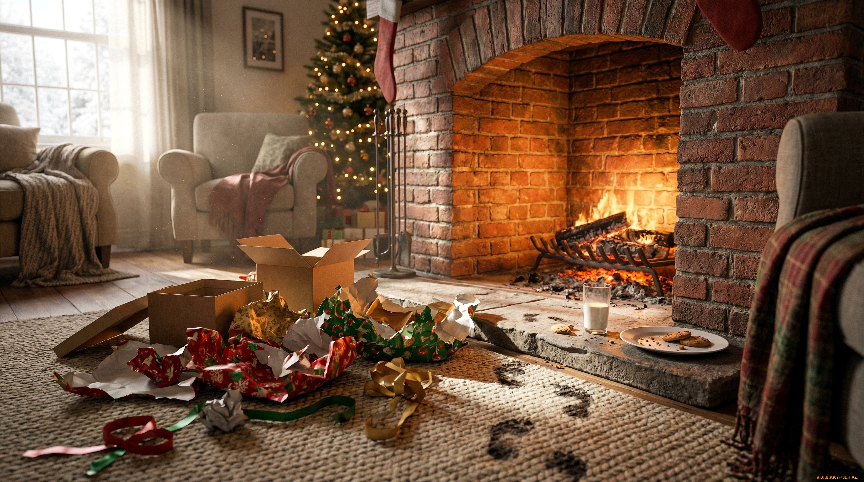 3д, графика, праздники, , holidays, камин, огонь, ёлка, новый, год, кресла, следы, ковер, упаковка