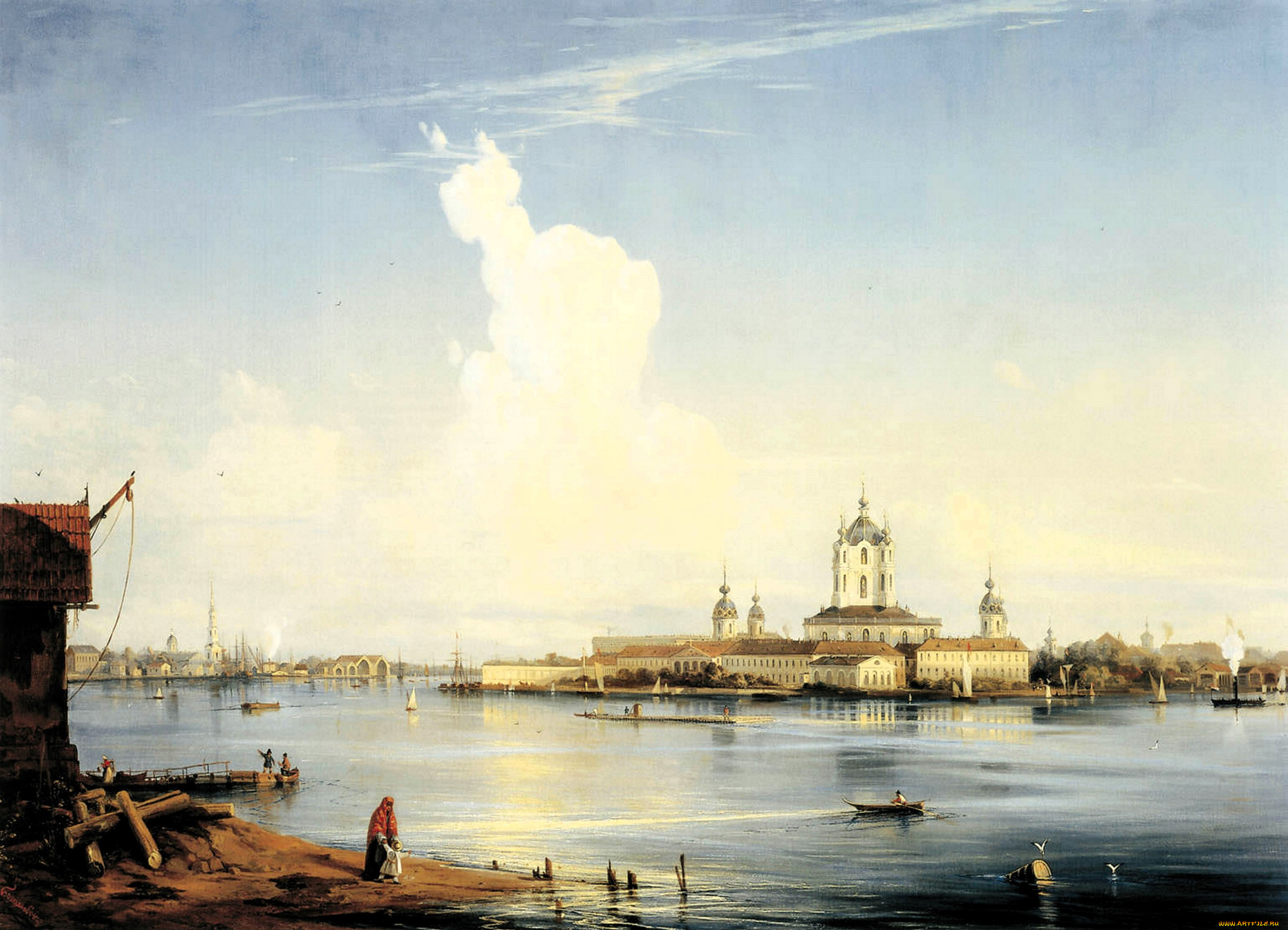 алексей, боголюбов, рисованное, дворец, люди, здания, озеро