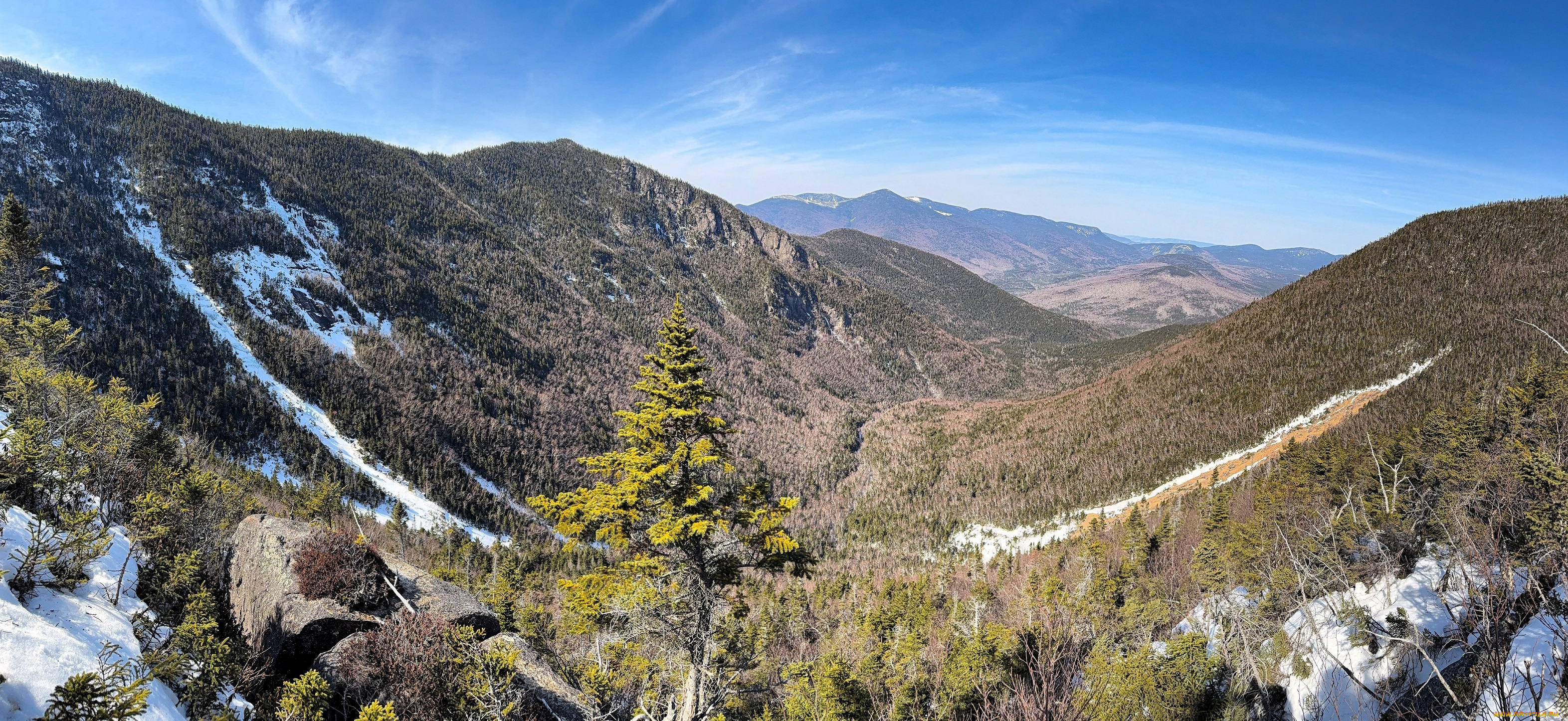 природа, горы, лес, снег, камни