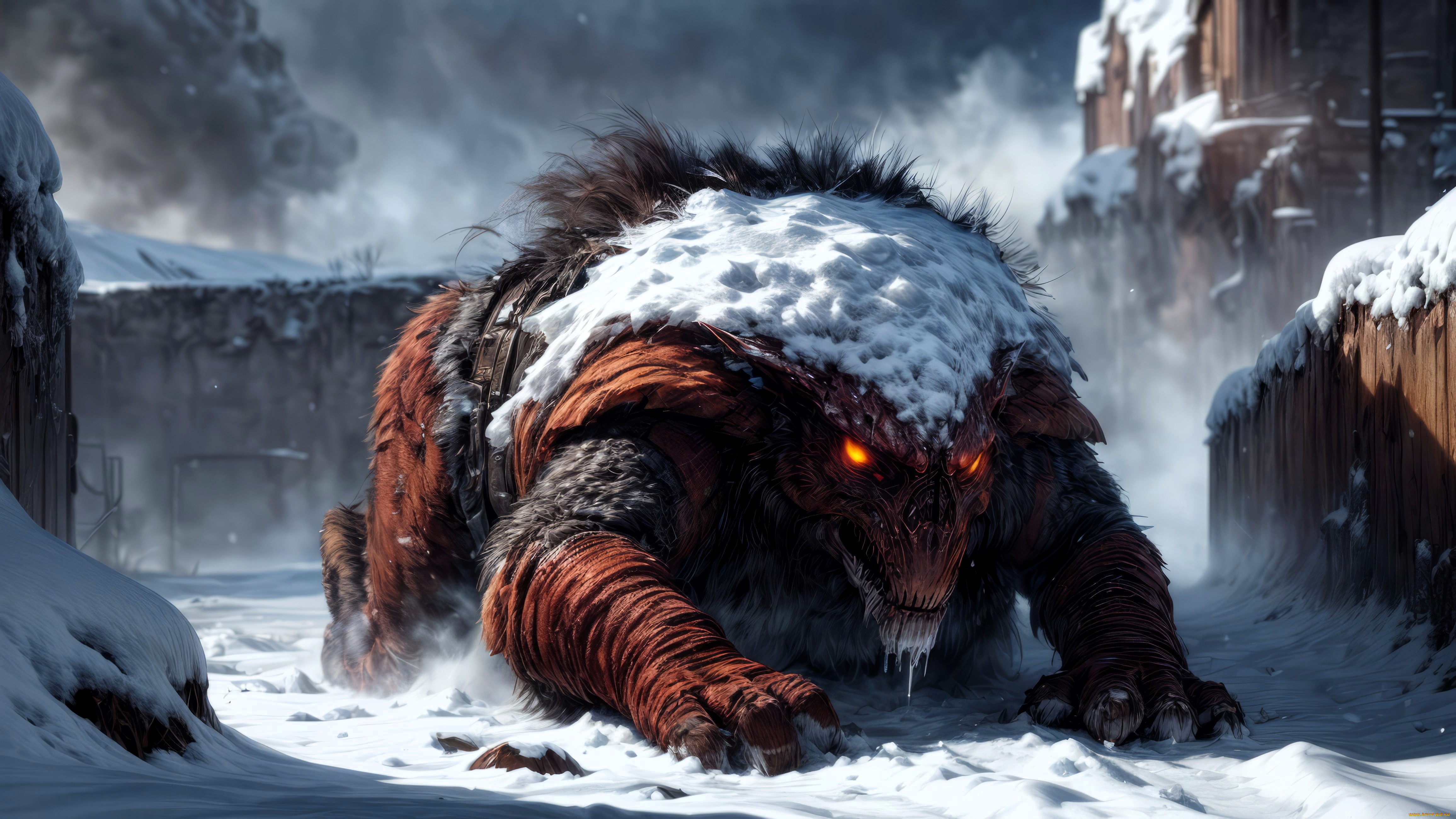 фэнтези, существа, звер, мех, снег, здания, улица