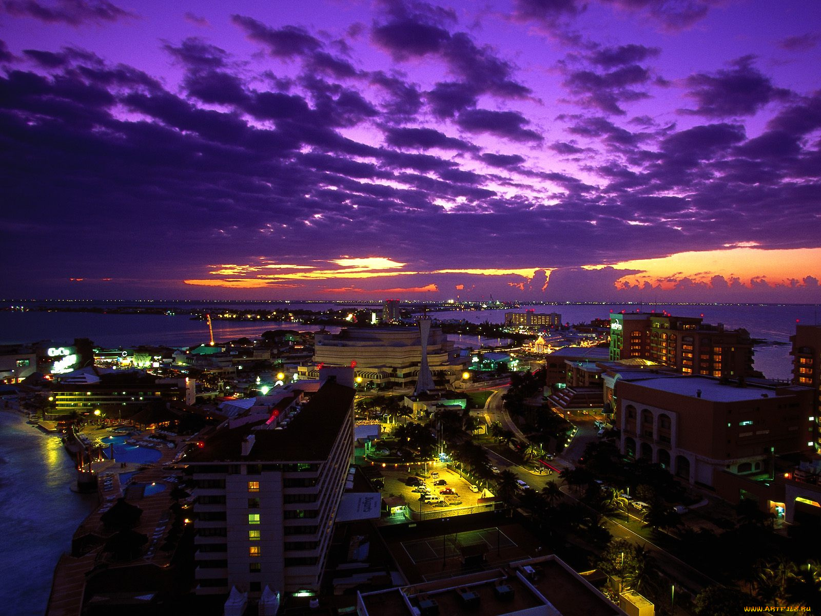 cancun, at, twilight, mexico, города, огни, ночного