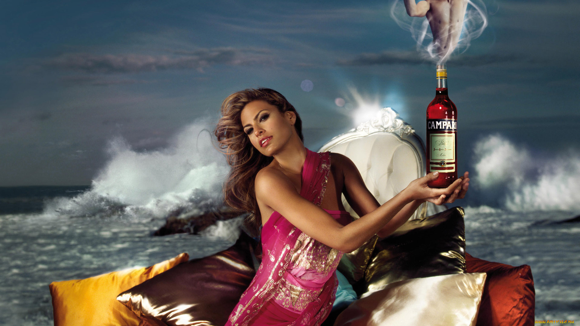 campari, бренды, eva, mendes, сари, джинн, подушки, море, бутылка, актриса