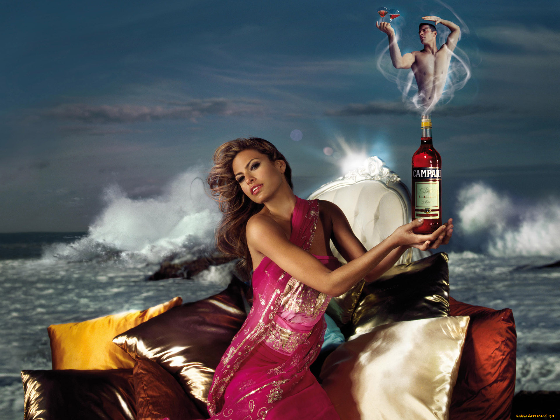 campari, бренды, eva, mendes, сари, джинн, подушки, море, бутылка, актриса