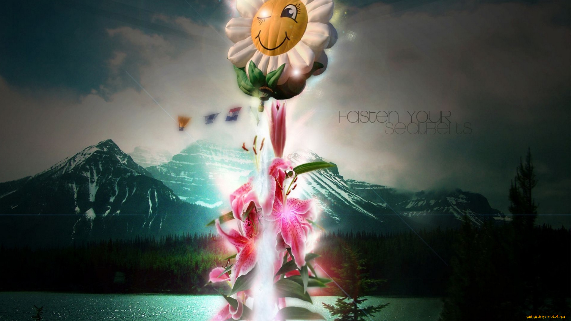 3д, графика, flowers, цветы, горы