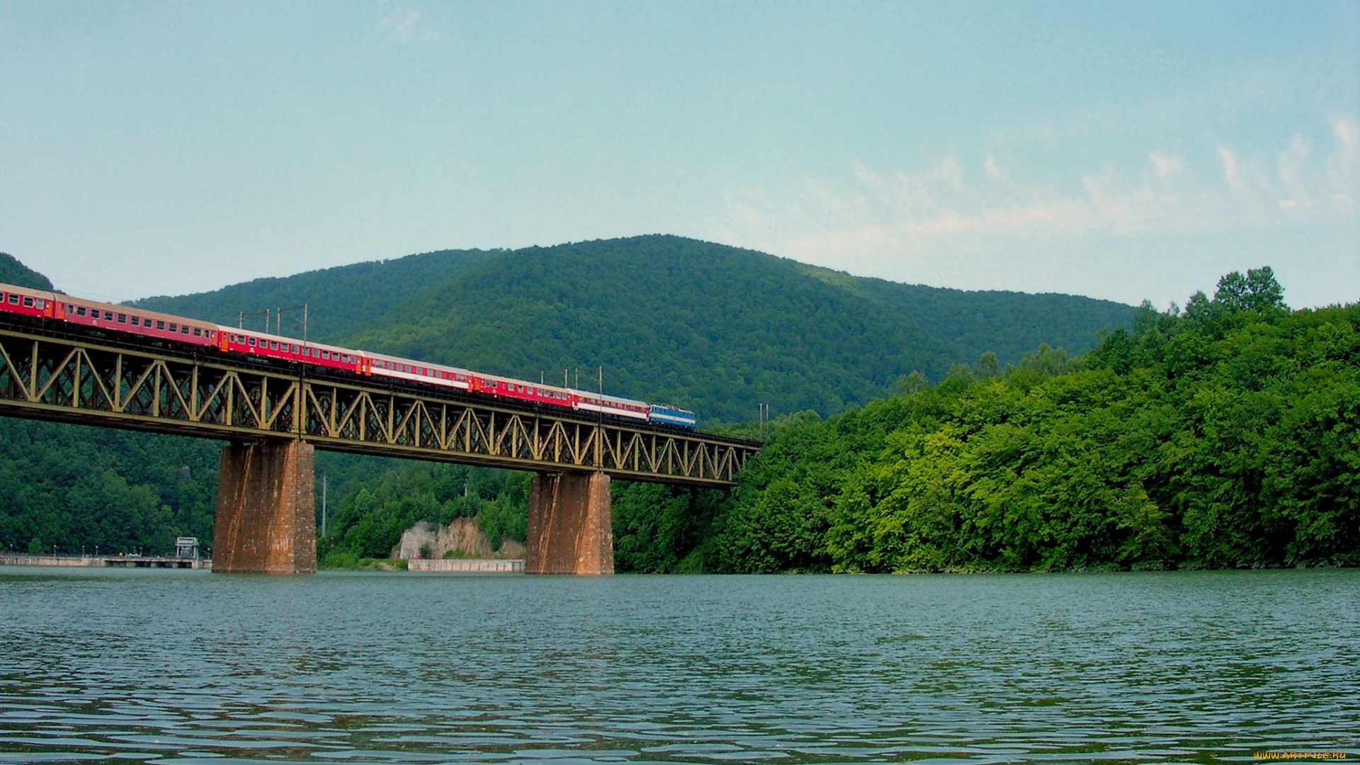 города, мосты, мост, река, гора, поезд