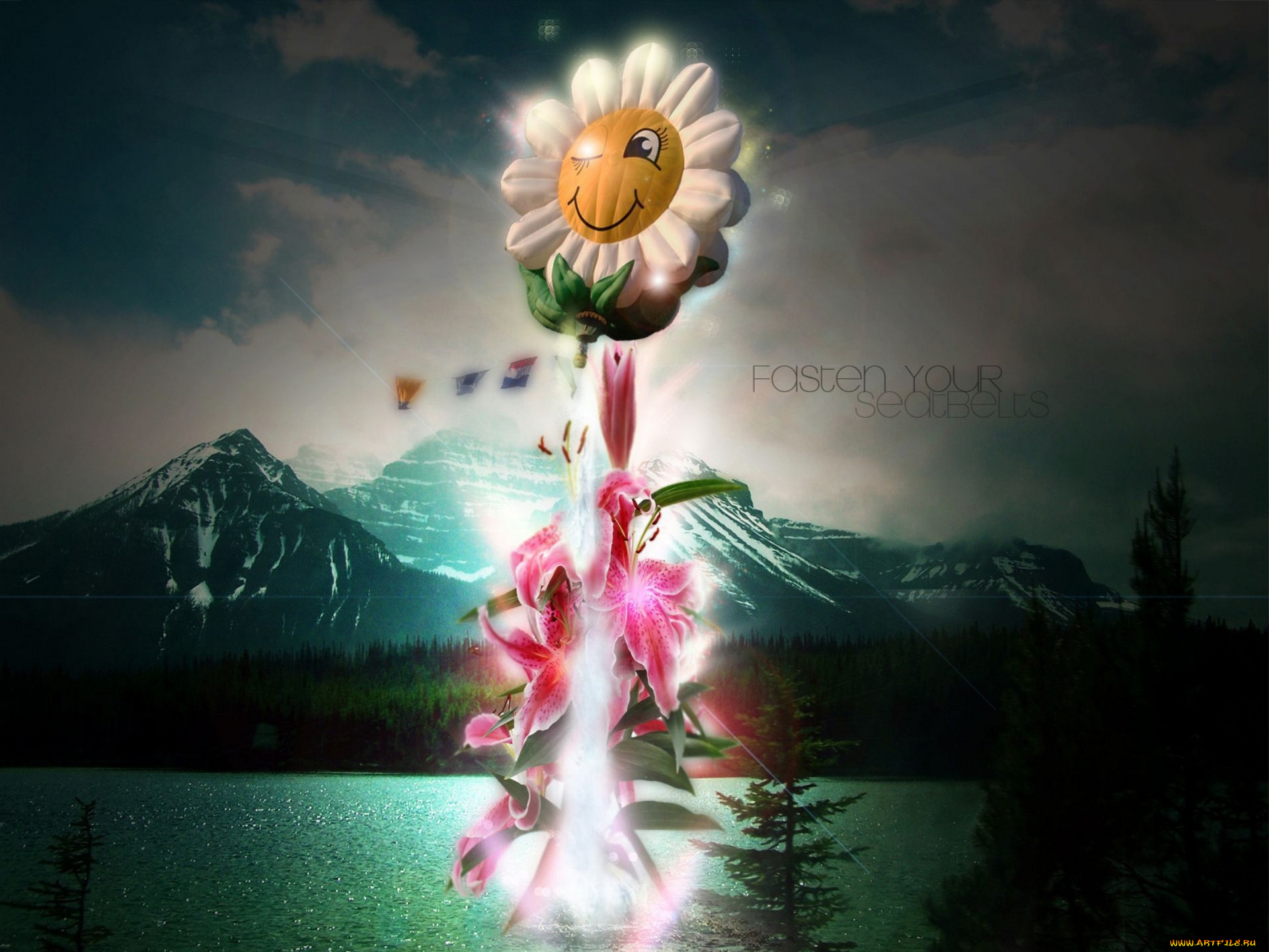 3д, графика, flowers, цветы, горы