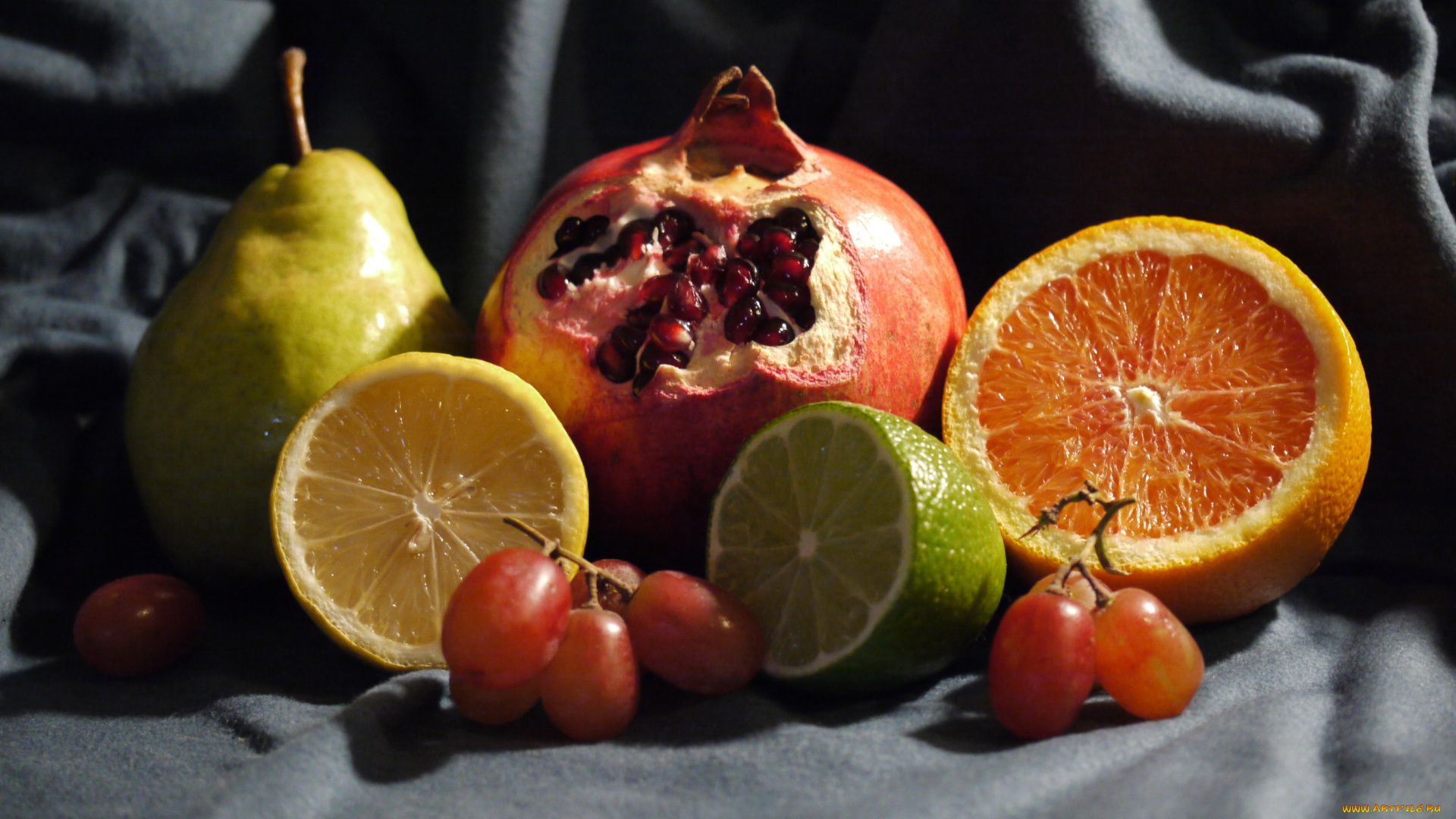 еда, фрукты, ягоды, апельсины, лимоны, груша, гранат