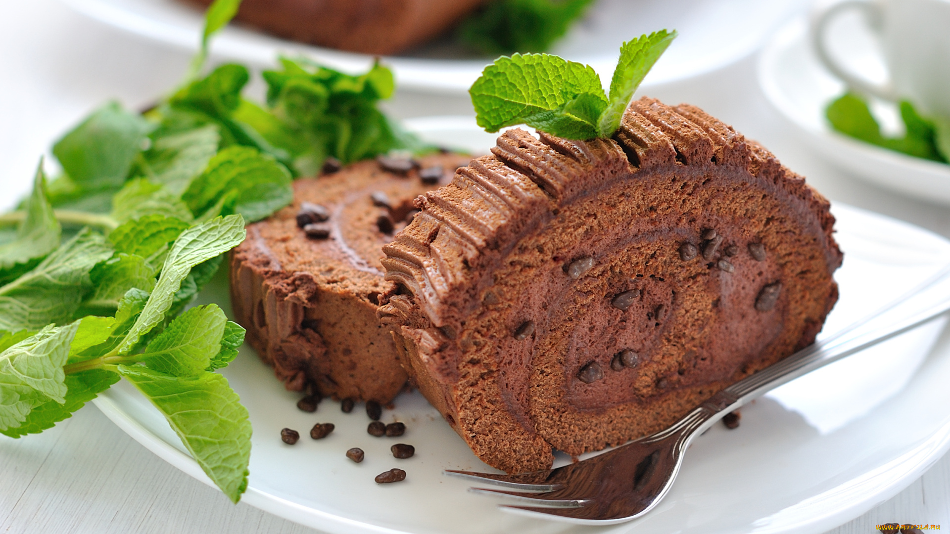 еда, пирожные, кексы, печенье, вилка, мята, рулет