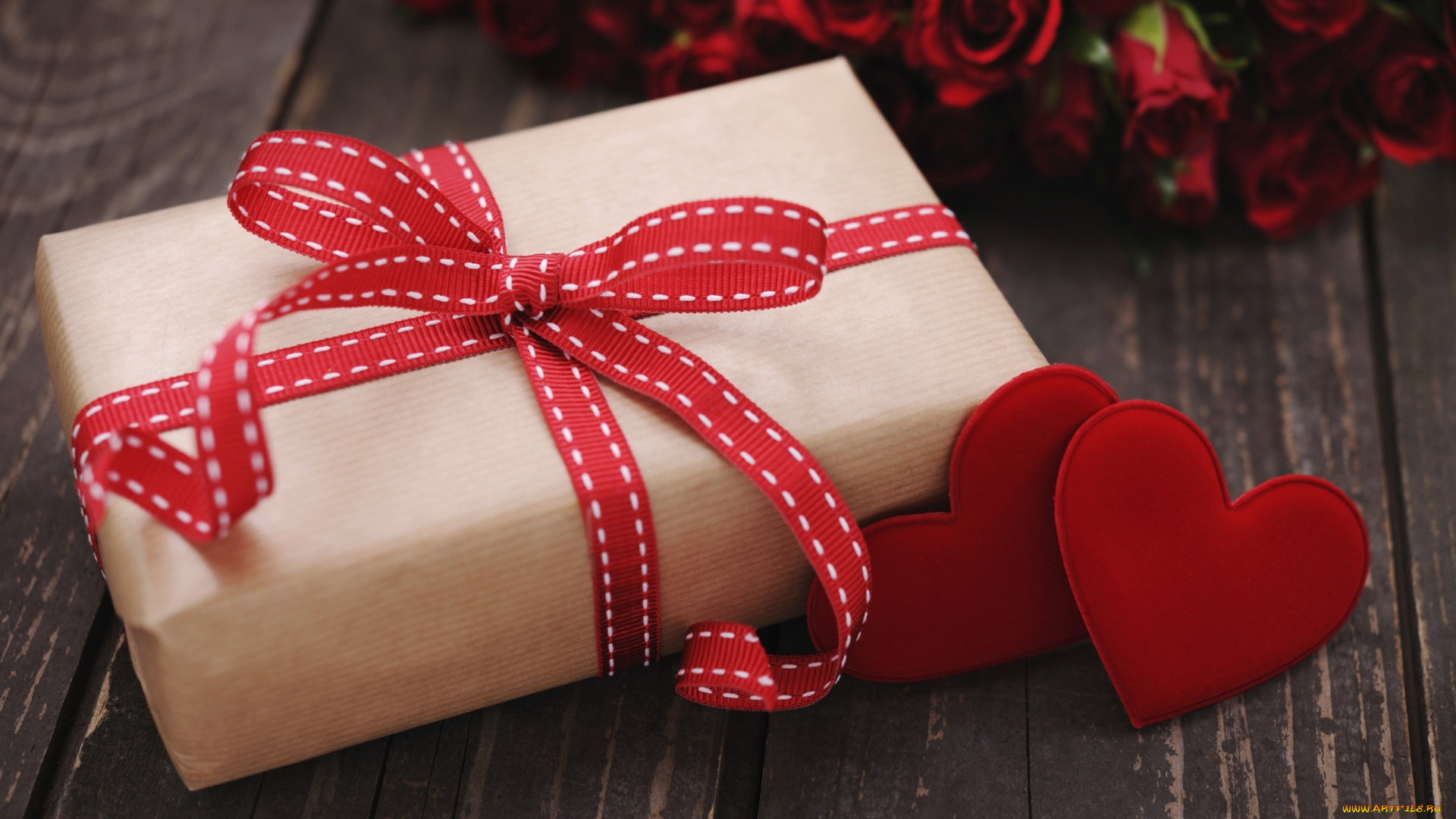 праздничные, день, св, валентина, сердечки, любовь, розы, лента, бант, подарок