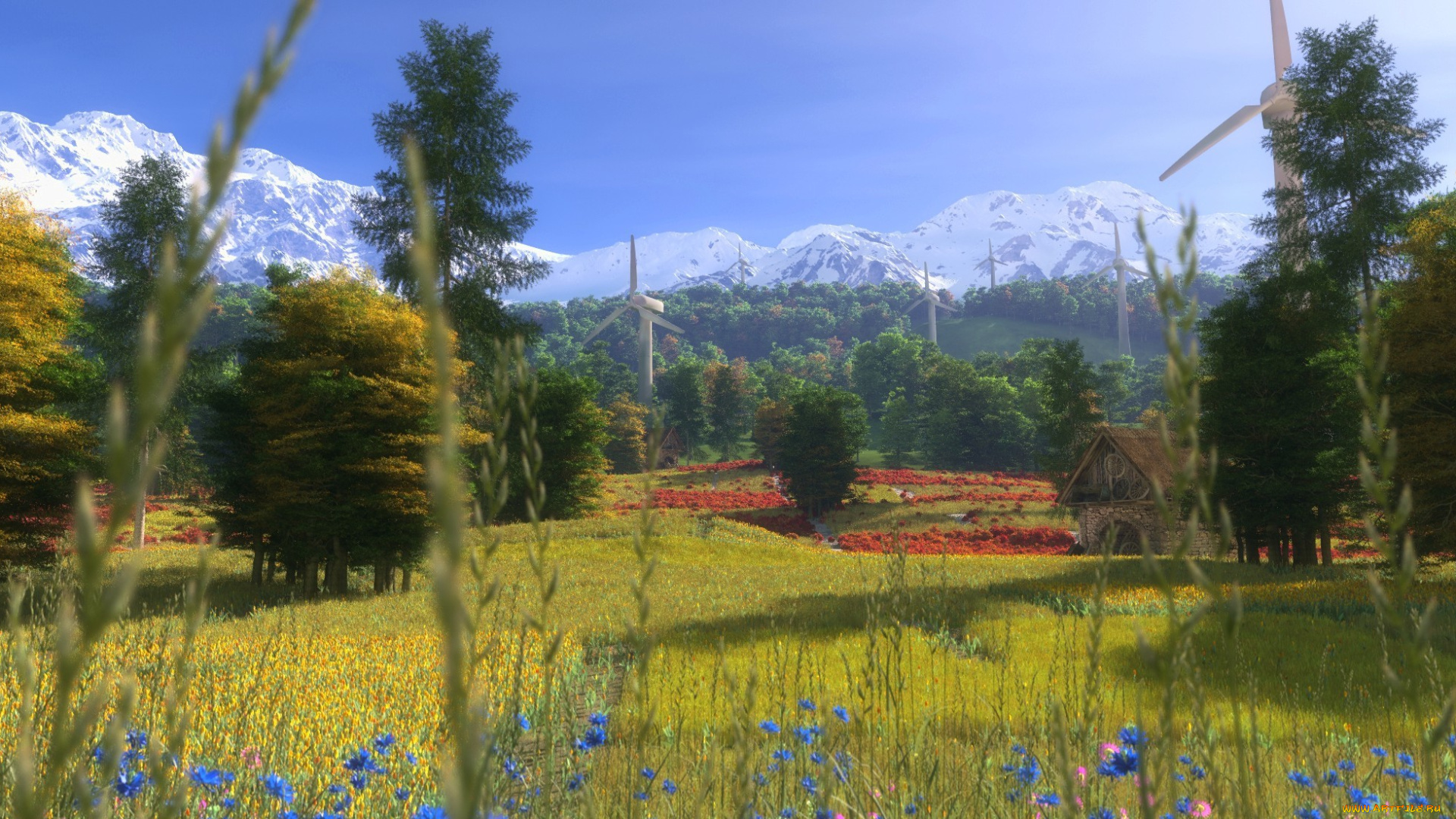 природа, луга, деревья, трава, ветряки, луг, горы