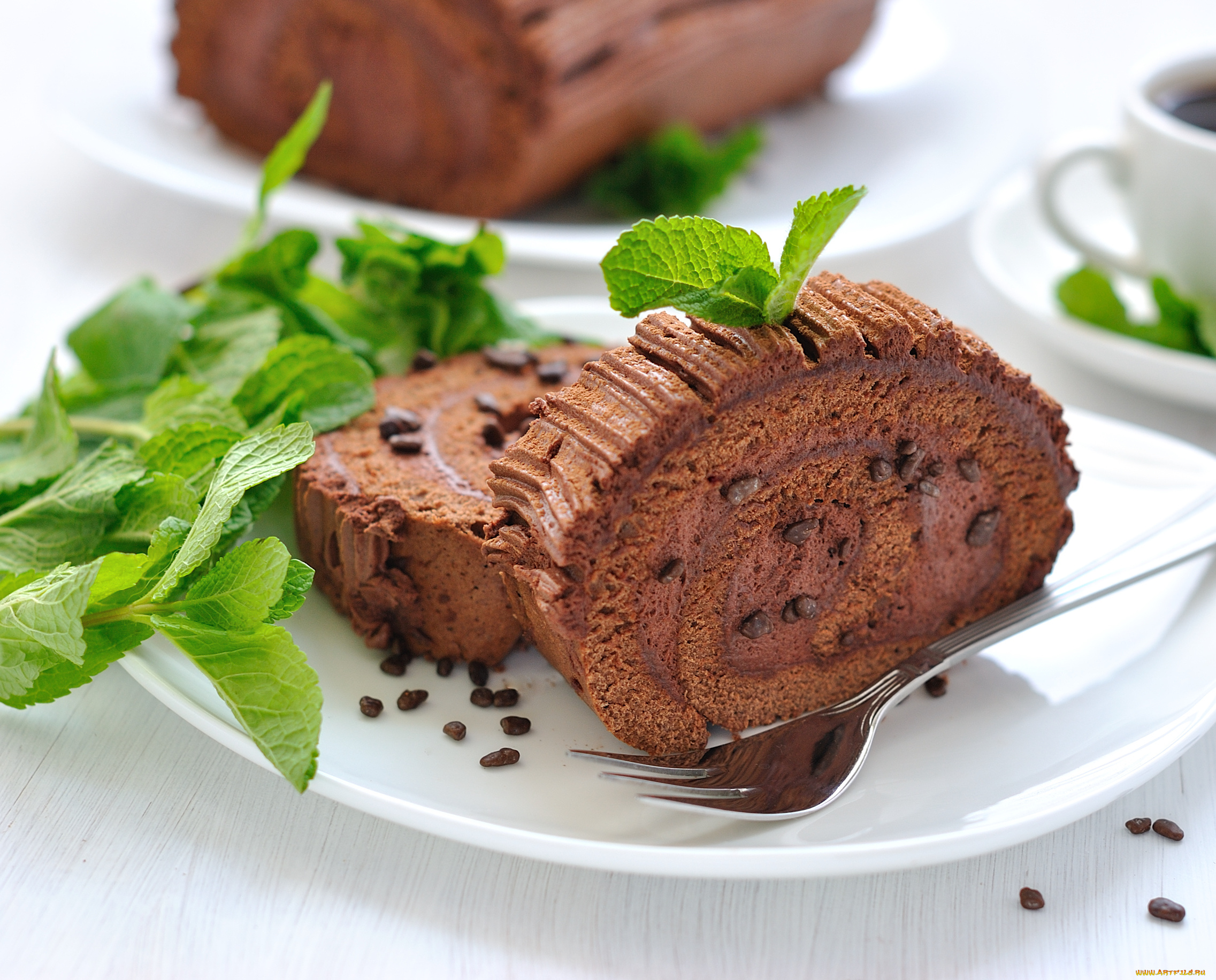 еда, пирожные, кексы, печенье, вилка, мята, рулет