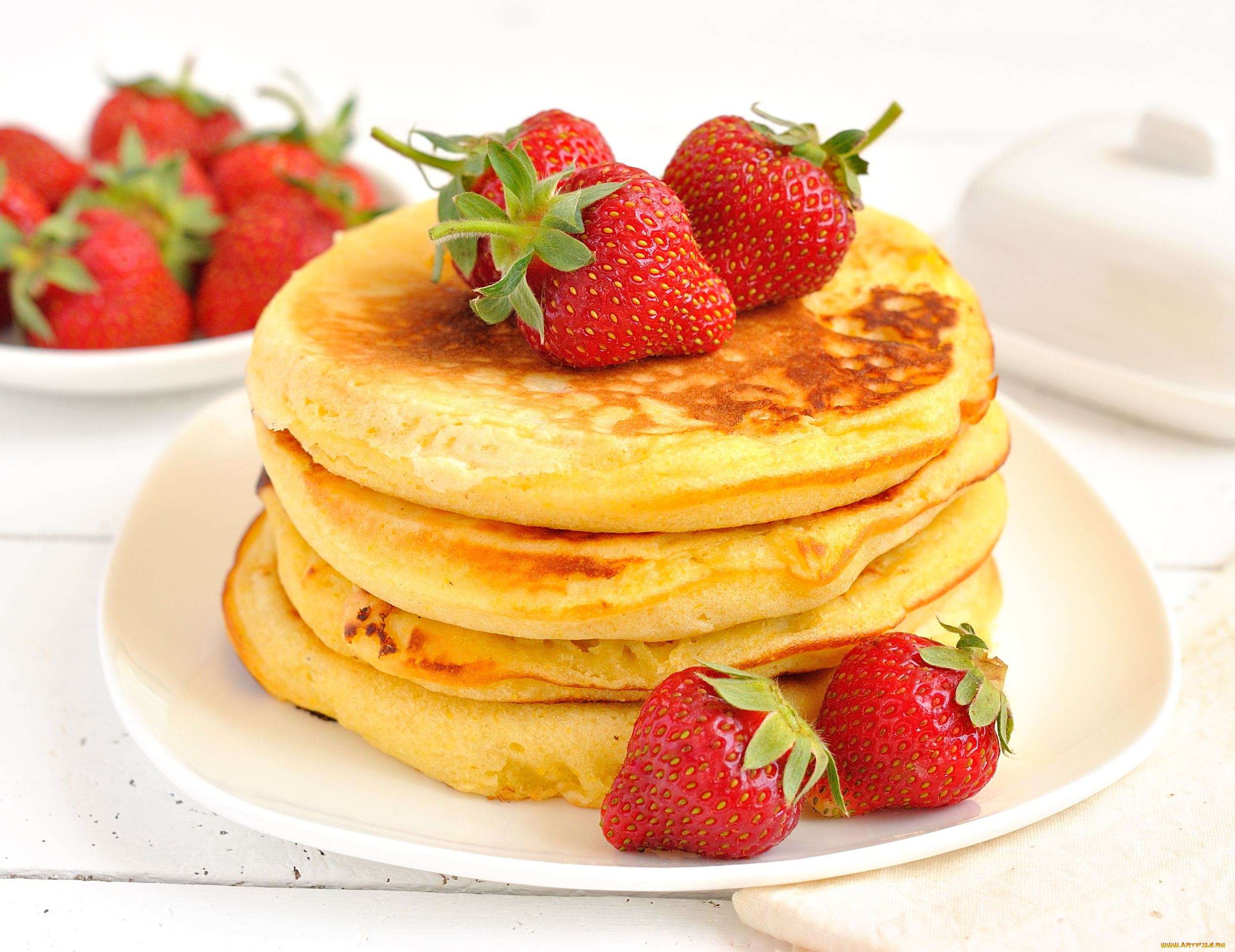 еда, блины, оладьи, клубника