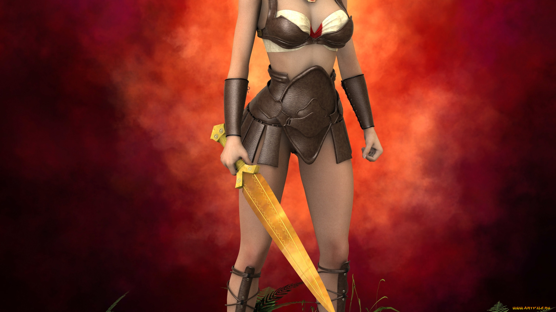 3д, графика, amazon, , амазонки, девушка, трава, меч