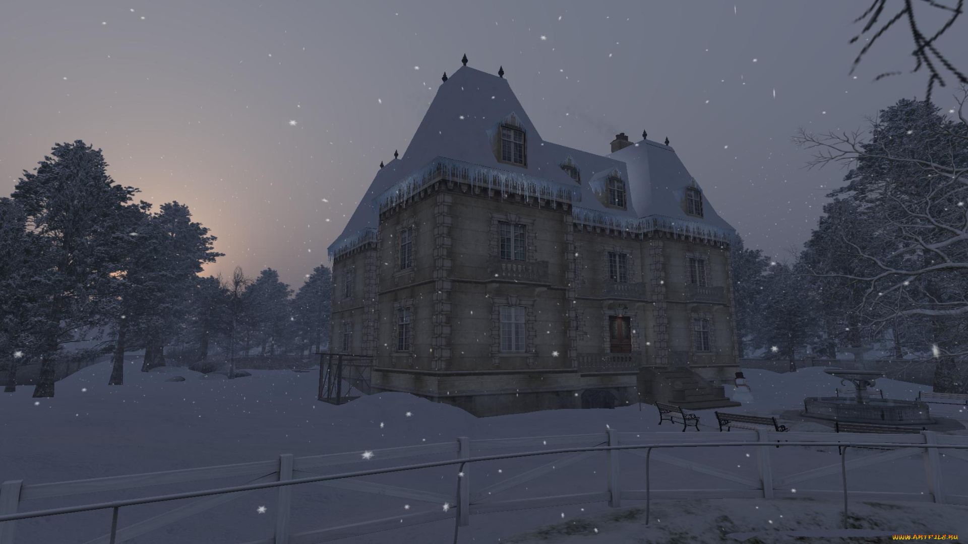 3д, графика, architecture, , архитектура, дом, снег, деревья, забор