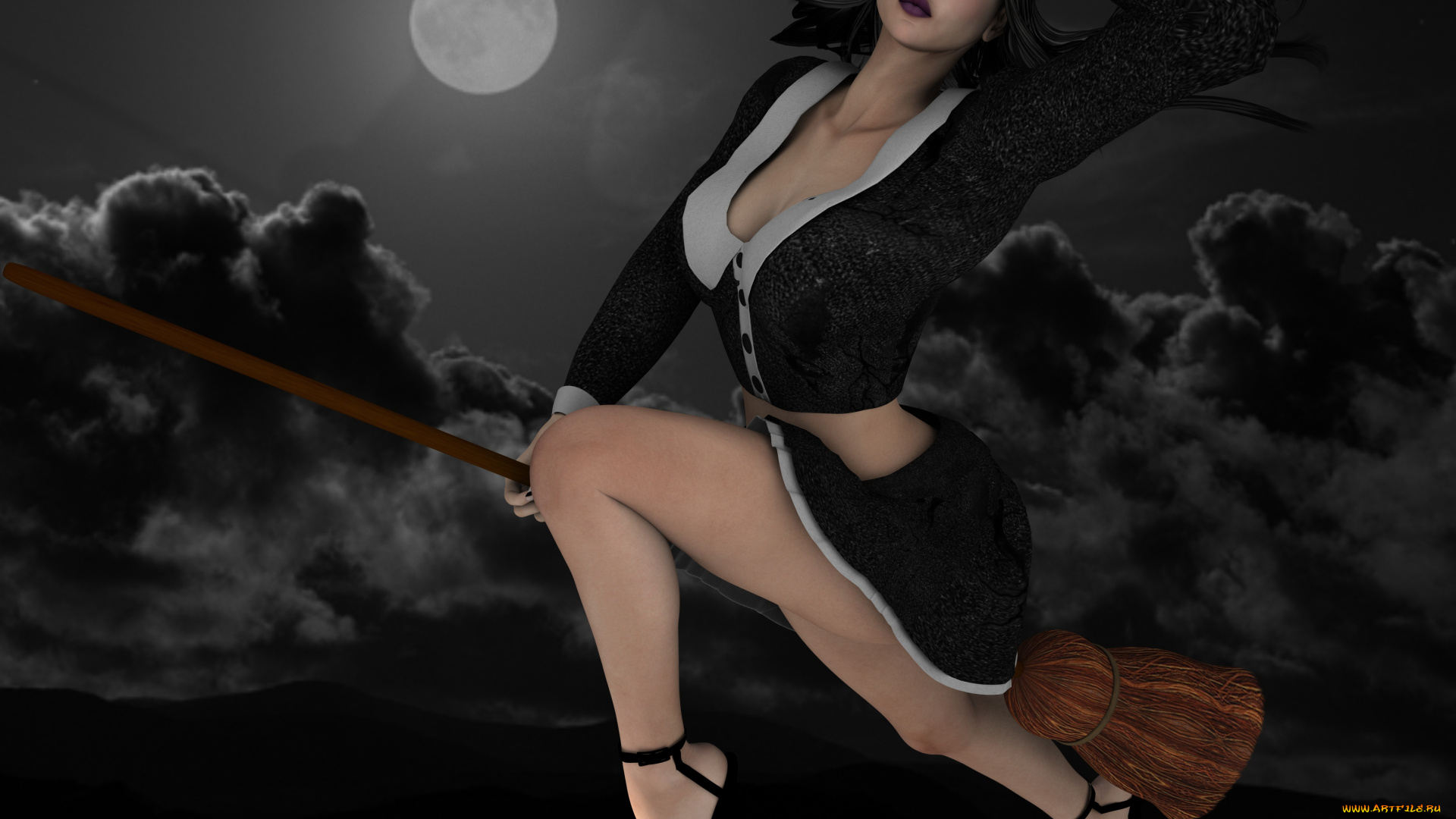 3д, графика, creatures, , существа, девушка, метла, ночь, луна