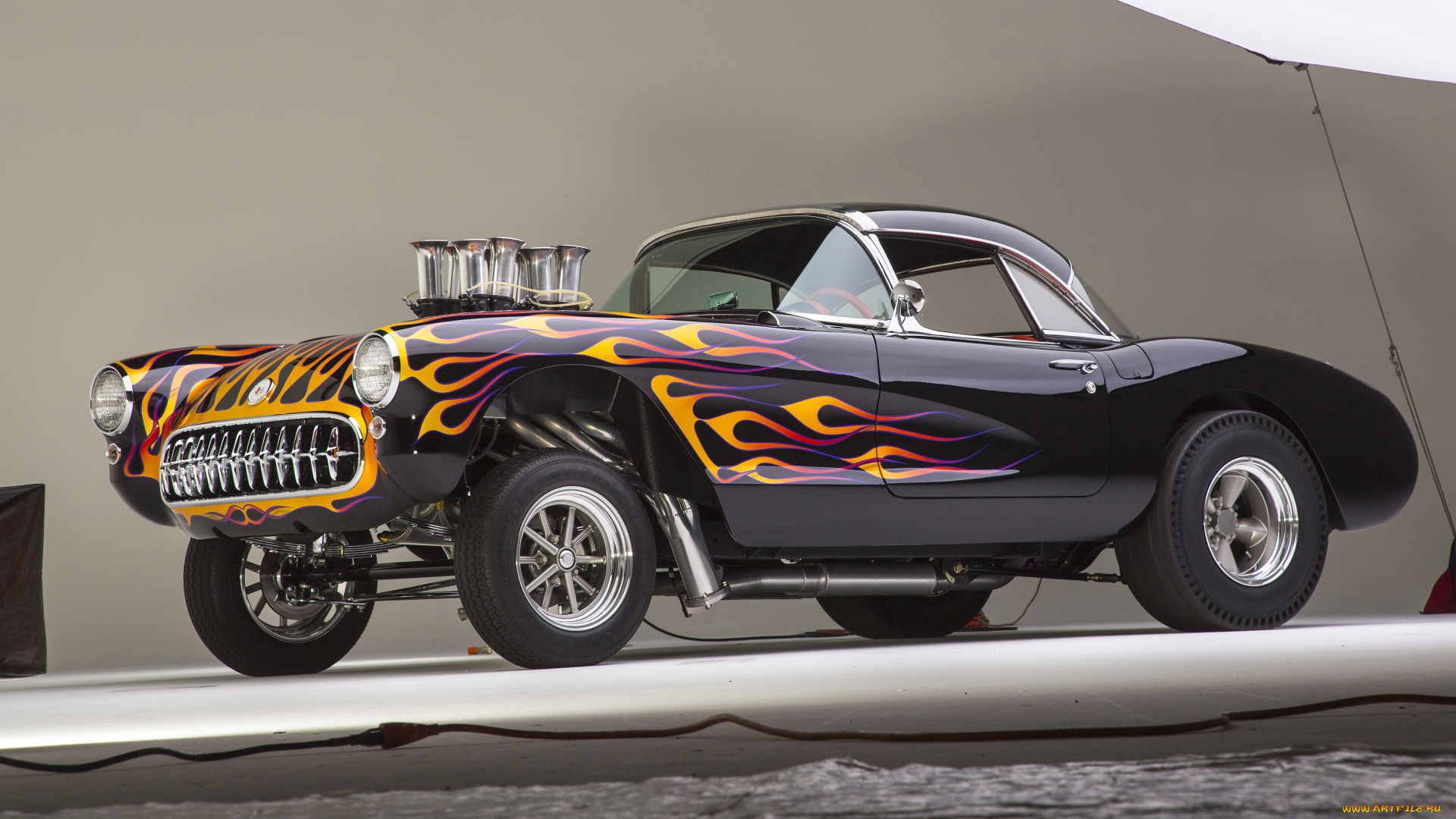 автомобили, hotrod, dragster, chevrolet, corvette, gasser, flamed, studio, photo