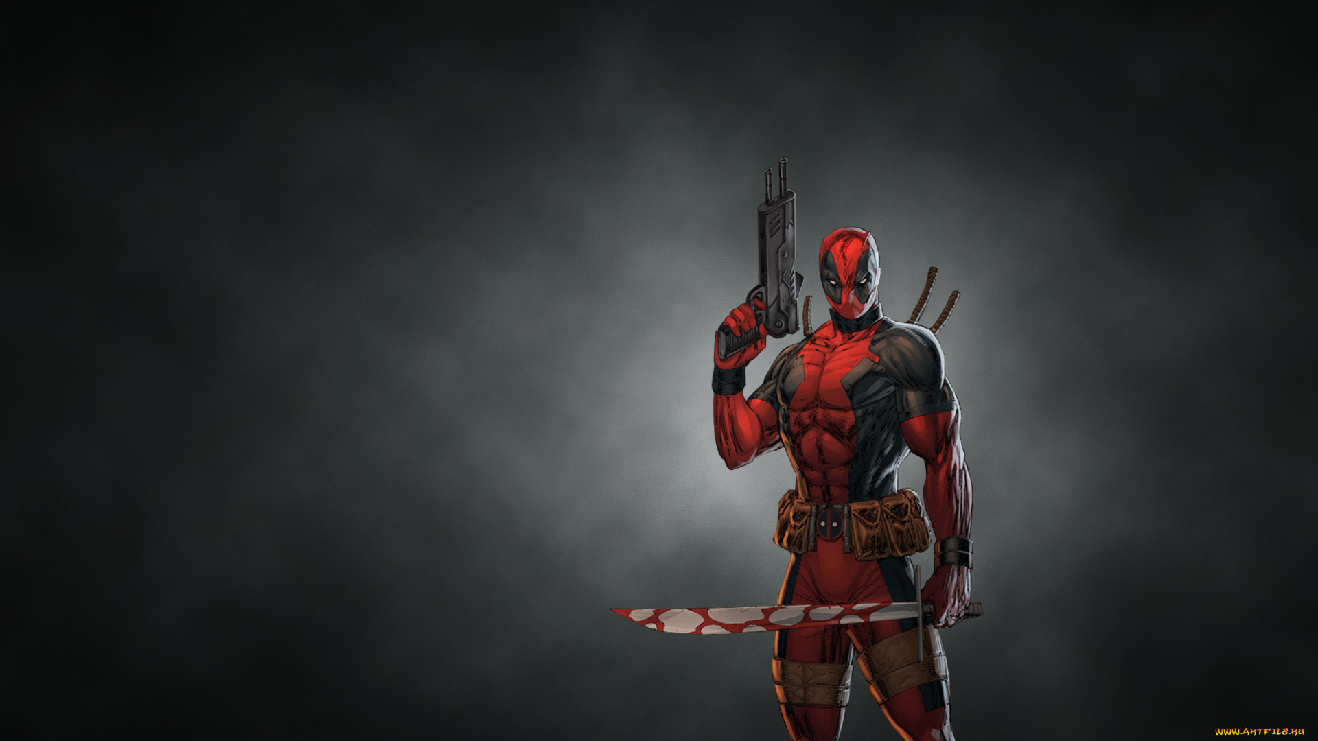 deadpool, рисованные, комиксы, меч, темный, фон, оружие, пушки, красный, дэдпул