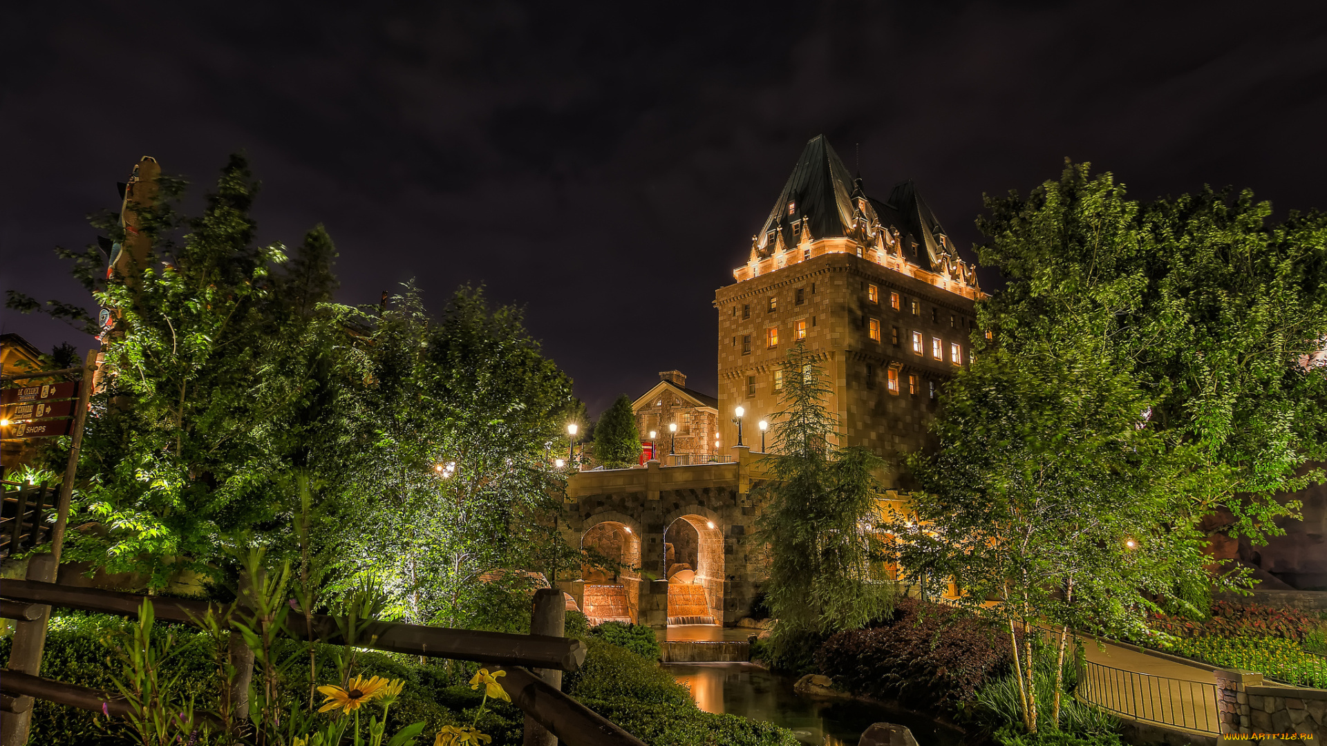 epcot`s, canada, города, диснейленд, дома, арки, деревья, фонари, мост, река, ночь