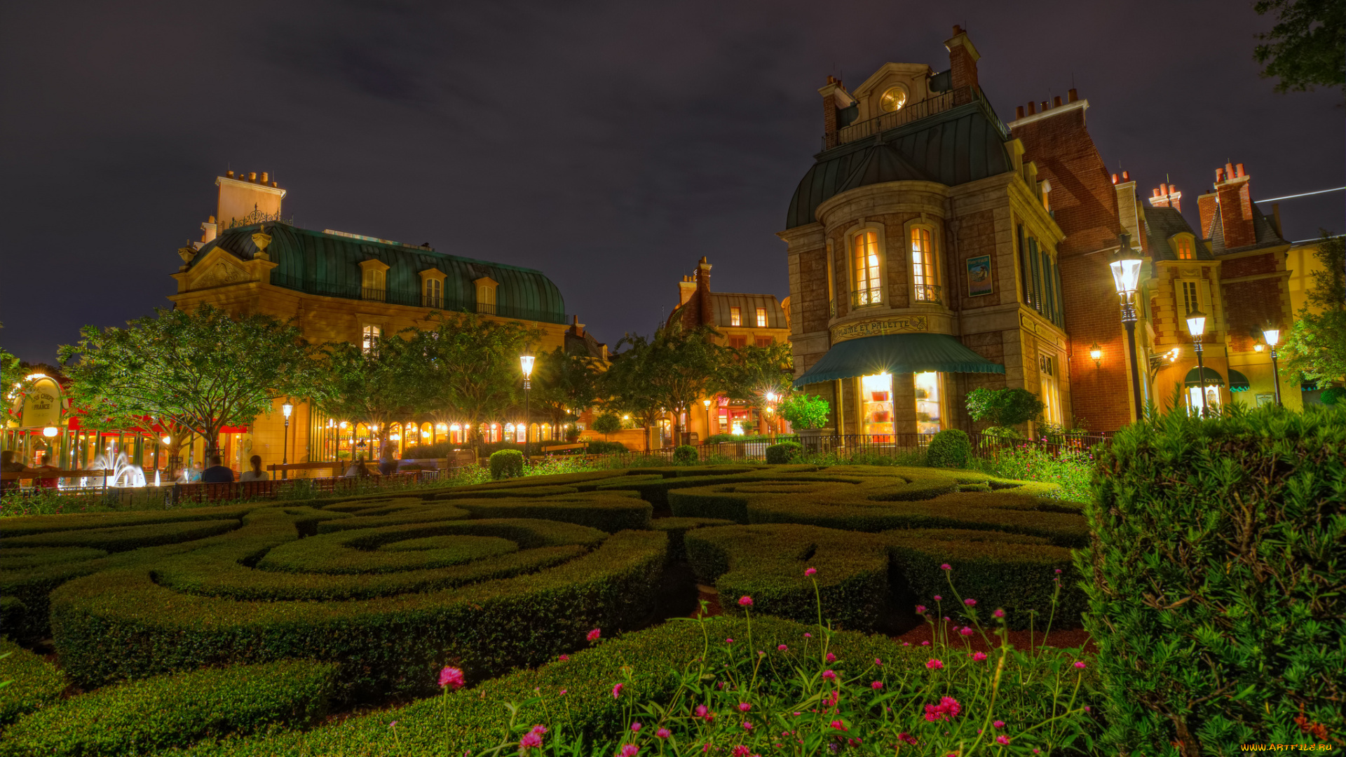epcot`s, france, города, диснейленд, лабиринт, ночь, кустарник, парк, дома, огни