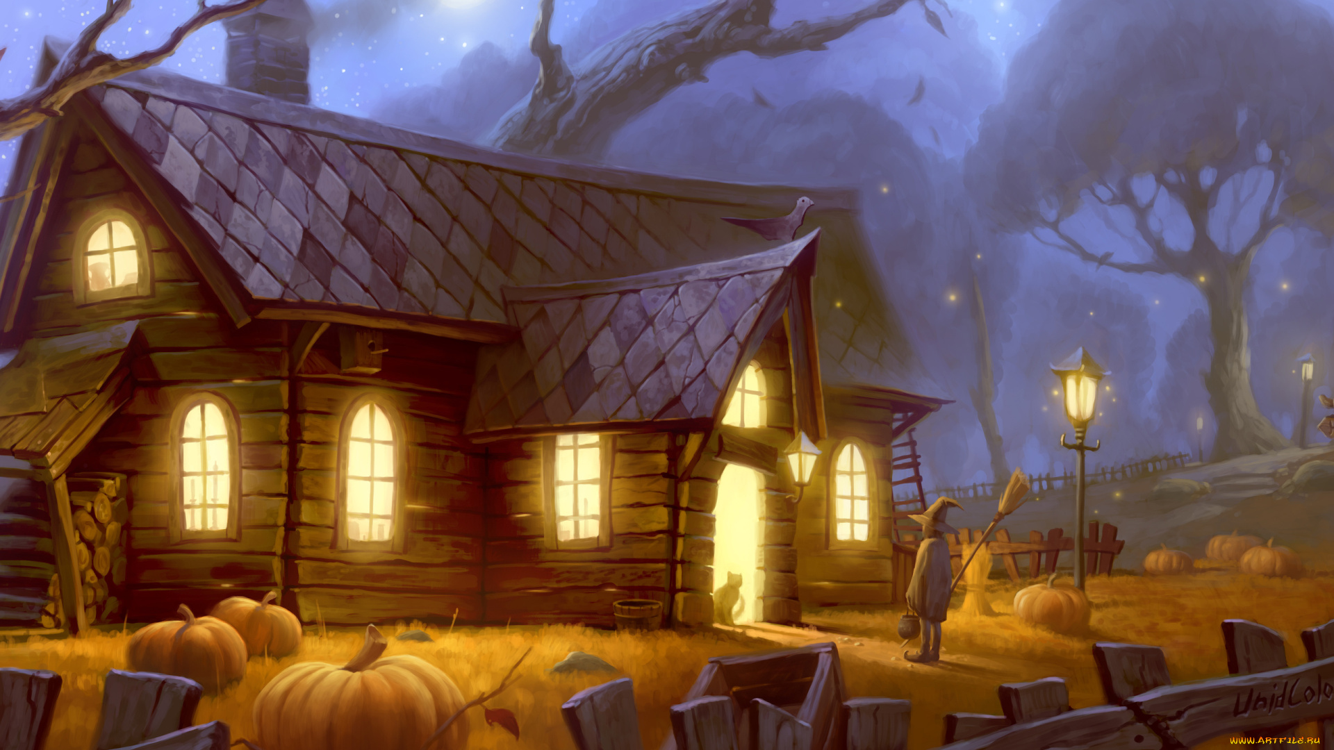 фэнтези, иные, миры, , иные, времена, helloween, ночь, дом, свет, тыквы, кот, праздник, фонарь