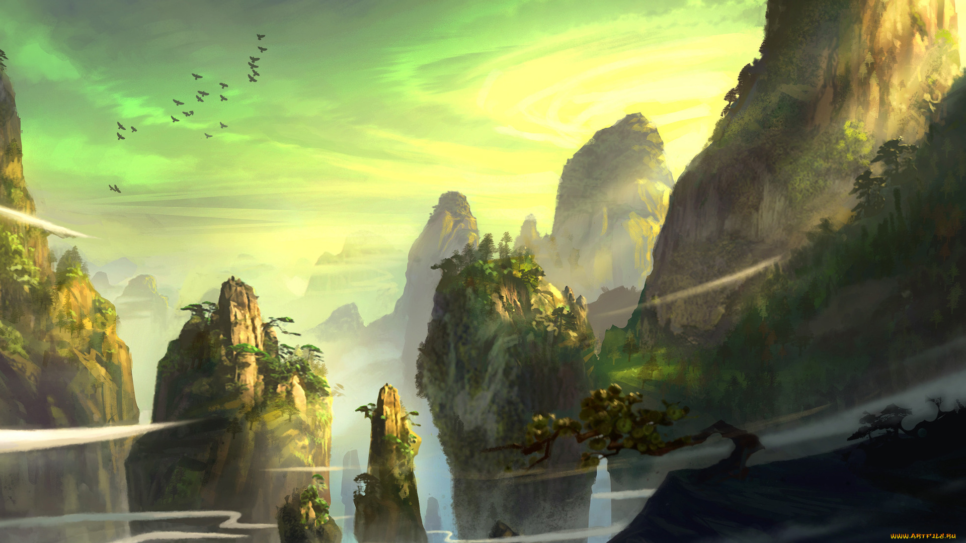 фэнтези, пейзажи, горы, скалы, деревья, птицы, дымка, небо