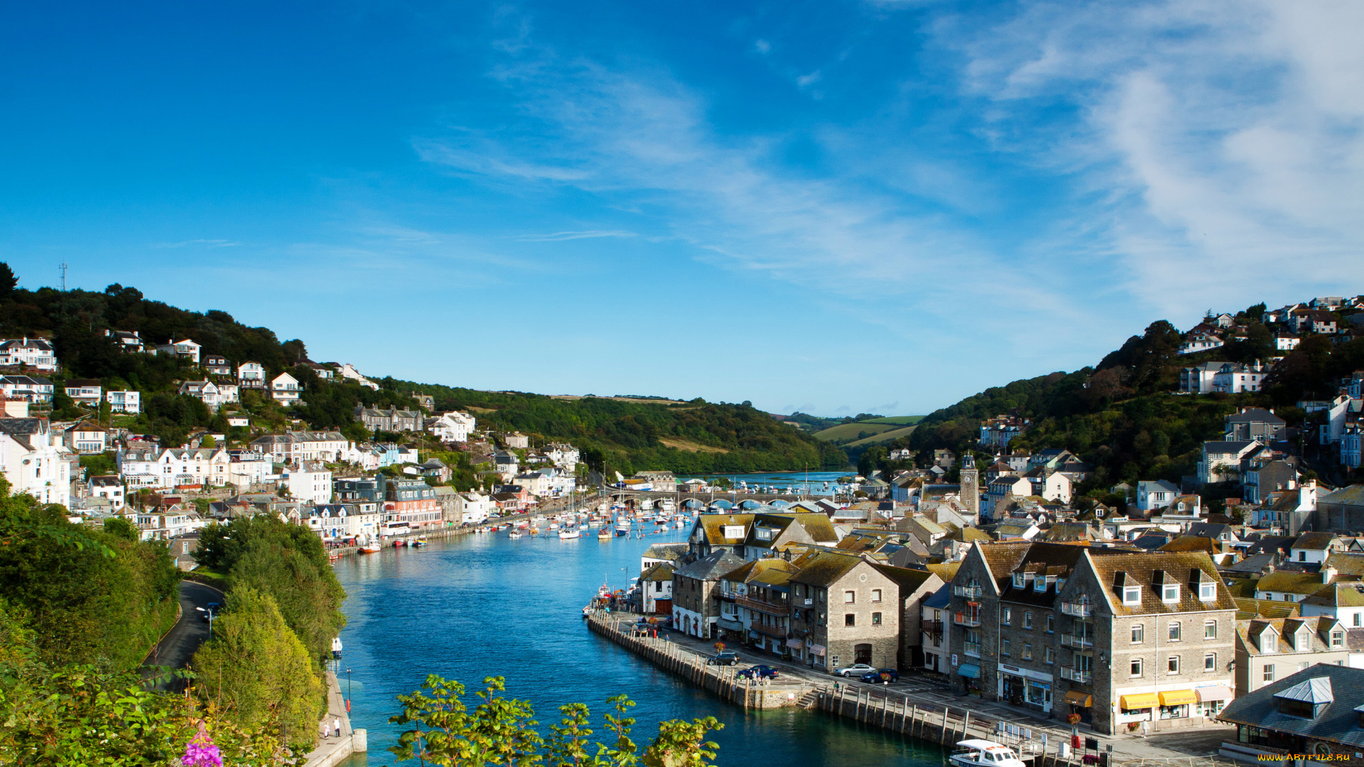 looe, , cornwall, англия, города, -, пейзажи, пейзаж, деревья, англия, река, дома, городок