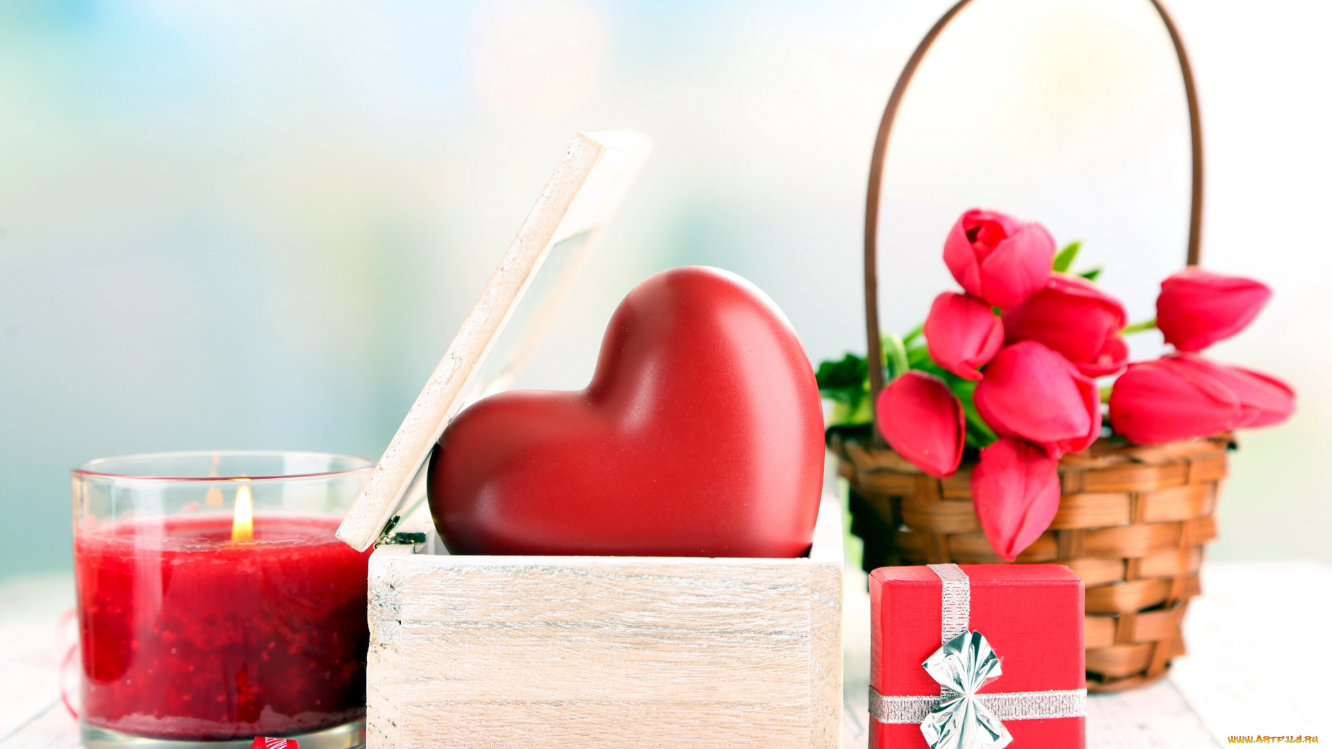праздничные, день, святого, валентина, , сердечки, , любовь, сердце, подарок, корзинка, тюльпаны, свеча