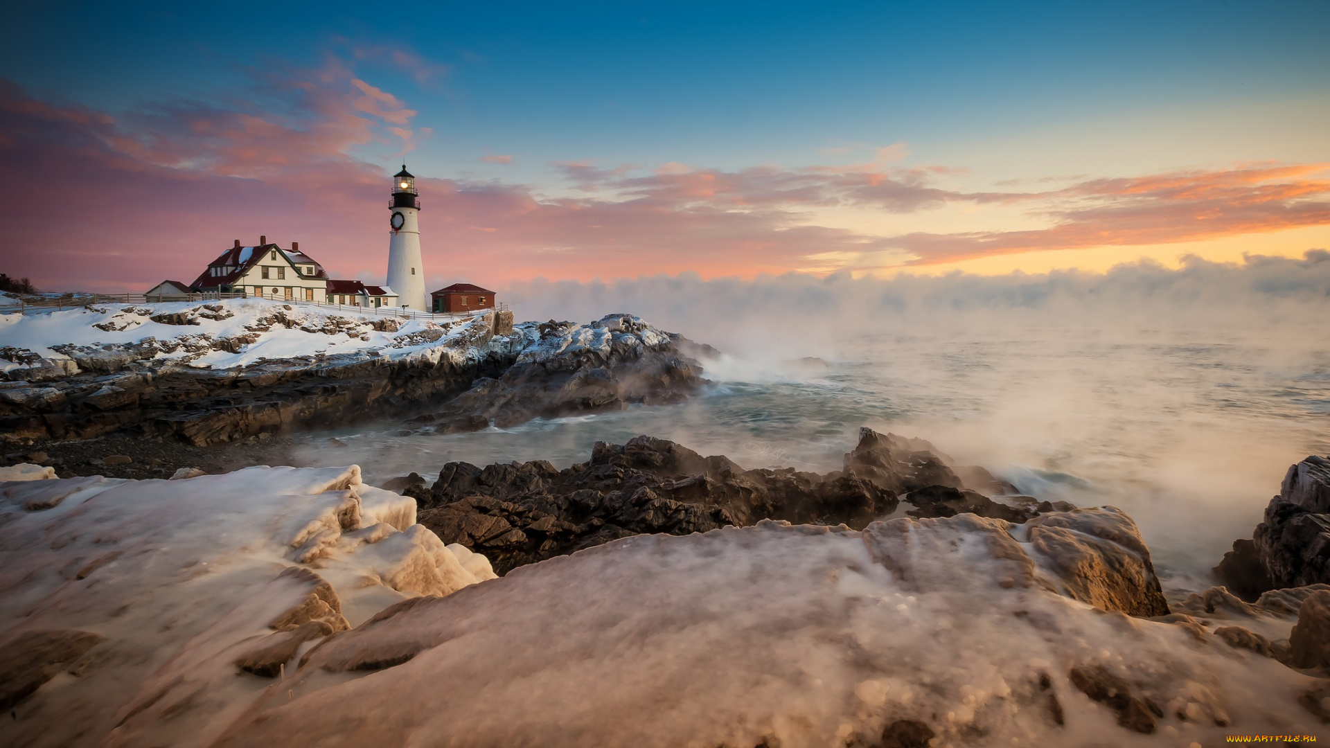 природа, маяки, океан, скалы, маяк, туман, заря