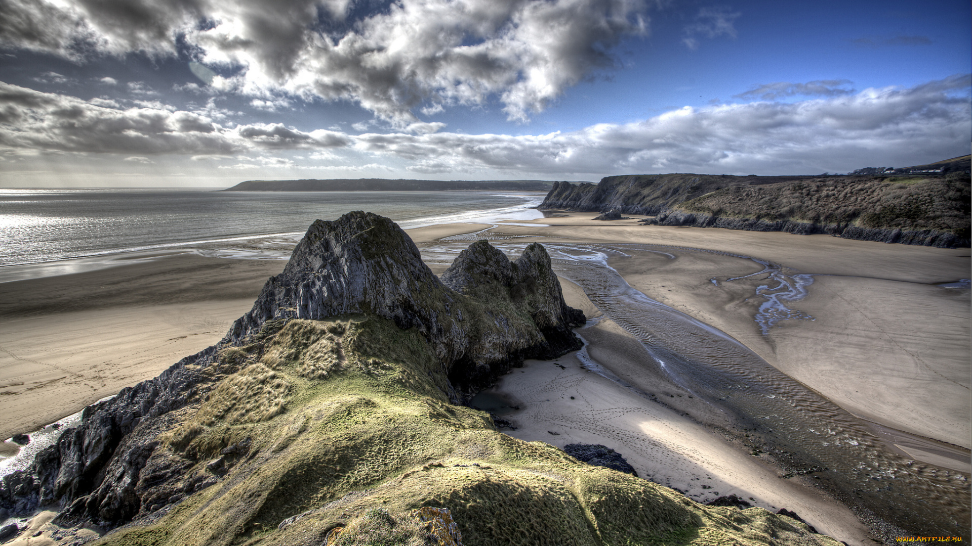 природа, побережье, океан, пляж, камни, скалы, облака