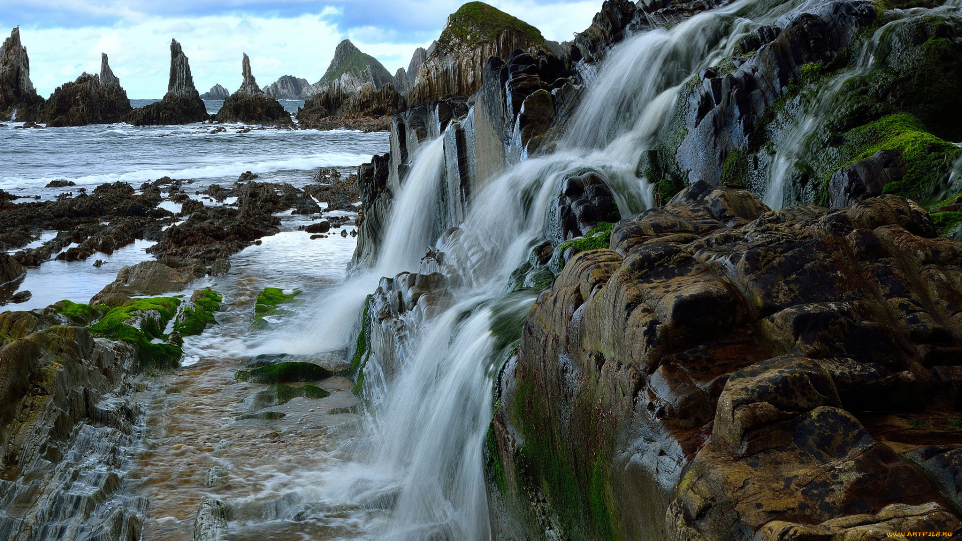 природа, водопады, море, скалы, водопад