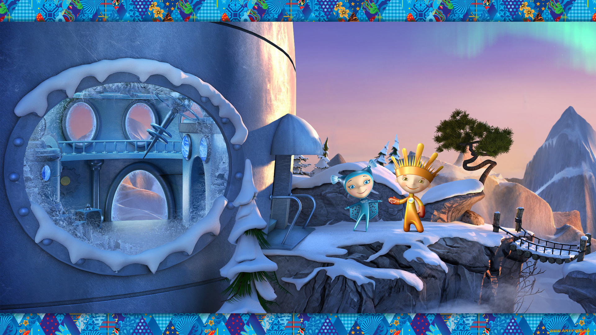 рисованные, -, другое, мост, горы, дерево, дом, снег, снежинка, лучик, сочи, олимпиада