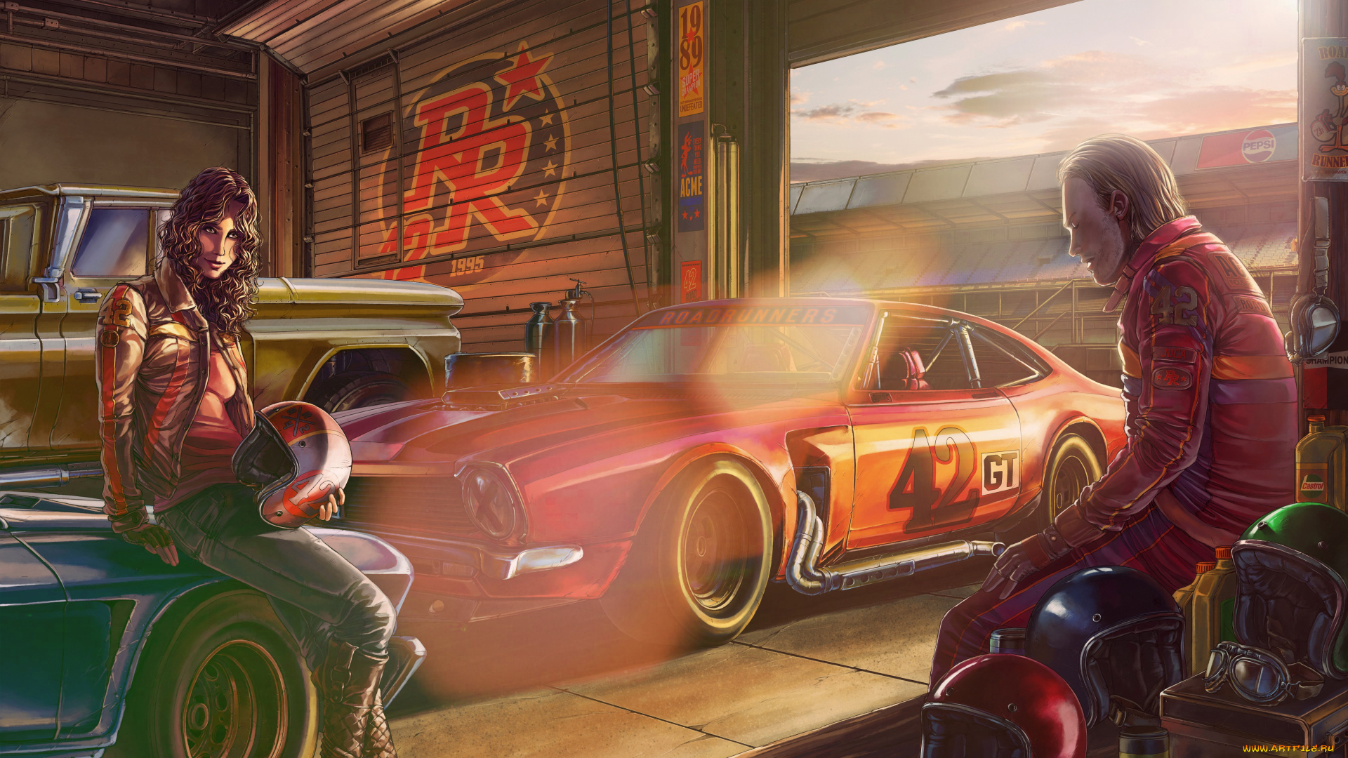 рисованные, люди, гараж, шлем