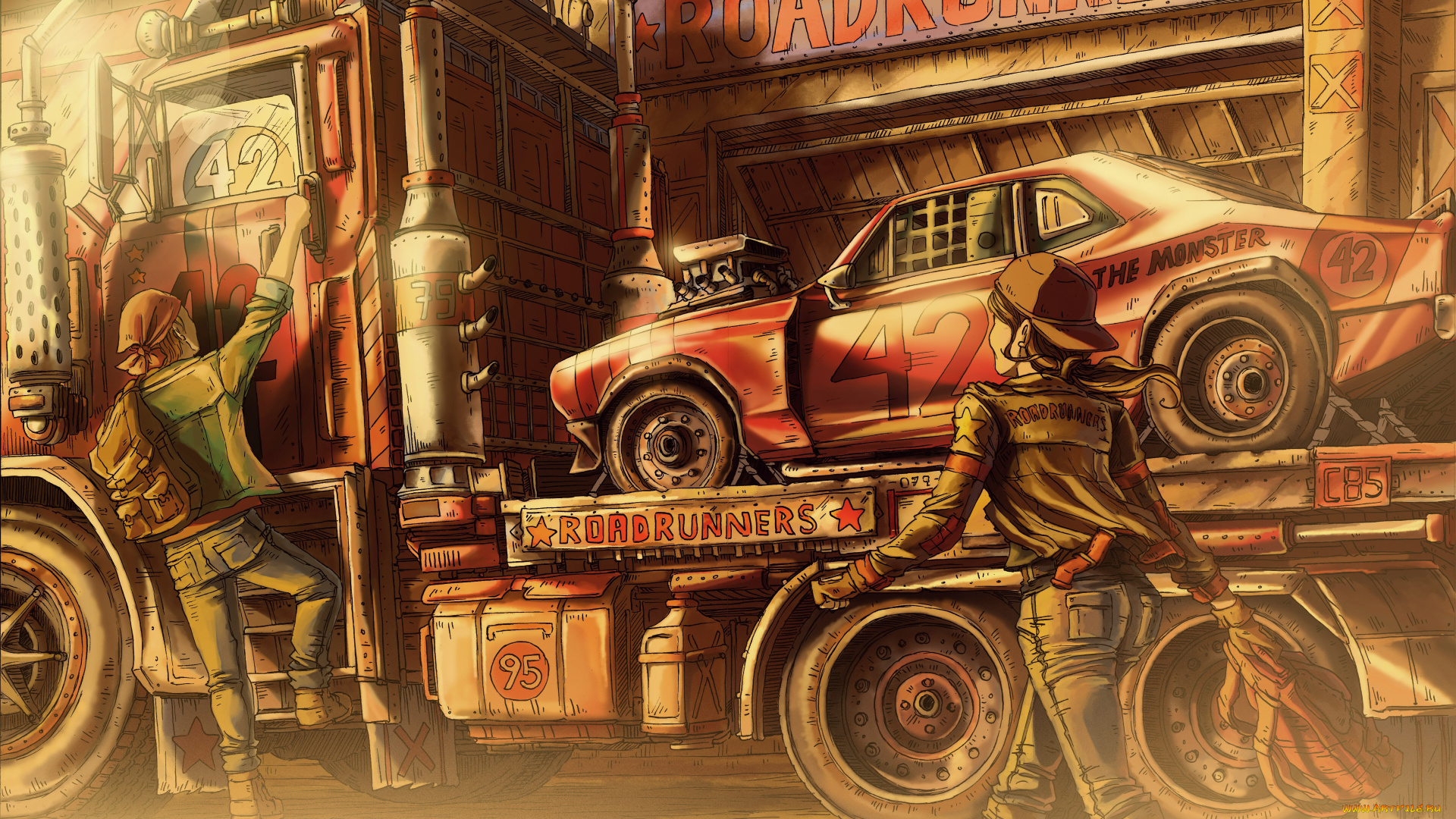 рисованные, люди, грузовик