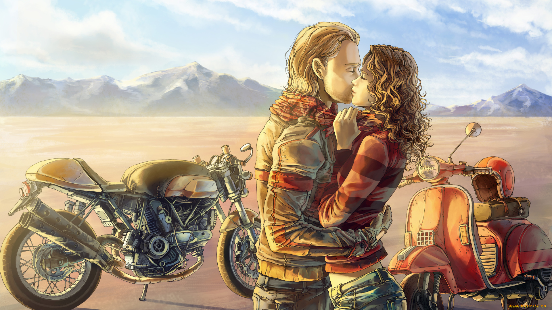 рисованные, люди, пара, мотоцикл