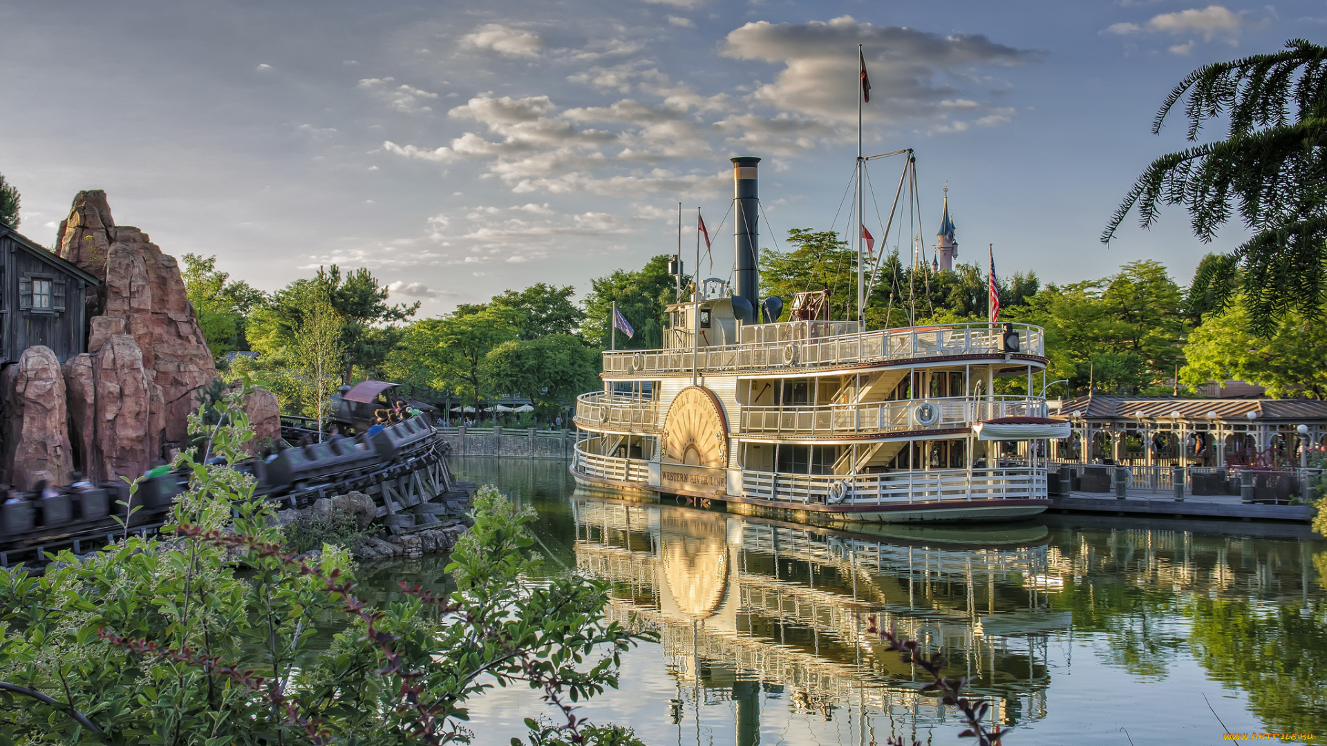 roller, coaster, and, riverboat, корабли, пароходы, колесный, парк, река, пароход