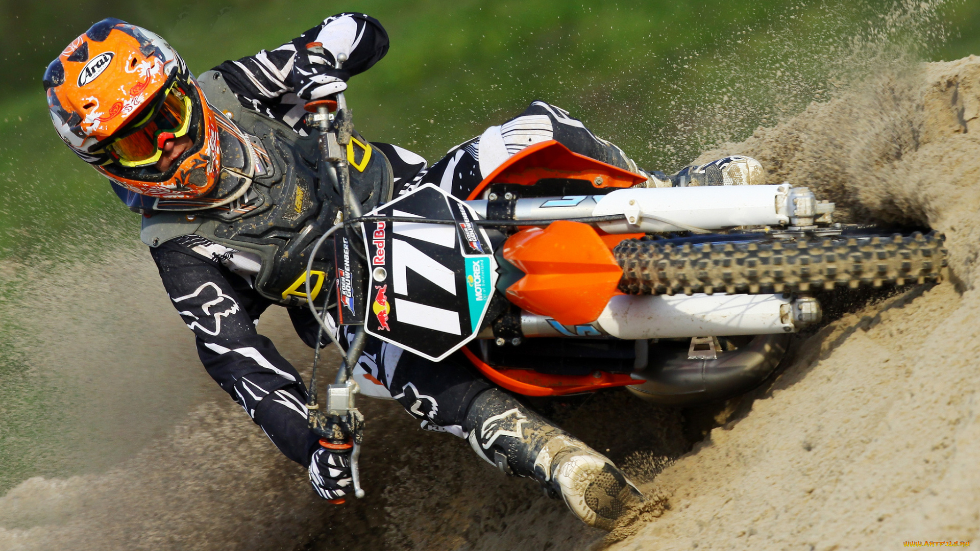 спорт, мотокросс, байк, гонщик, песок, шлем, экипировка