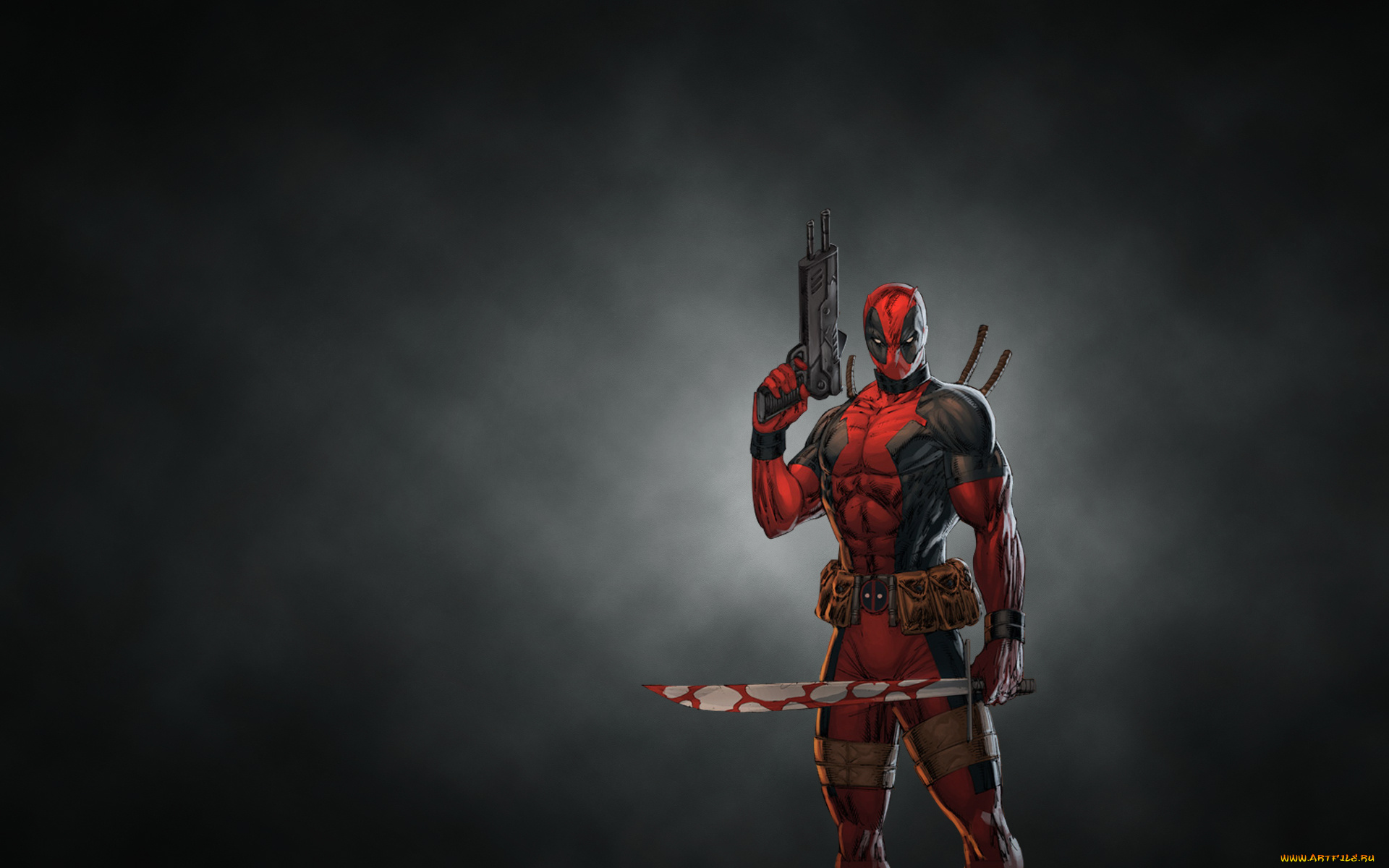 deadpool, рисованные, комиксы, меч, темный, фон, оружие, пушки, красный, дэдпул