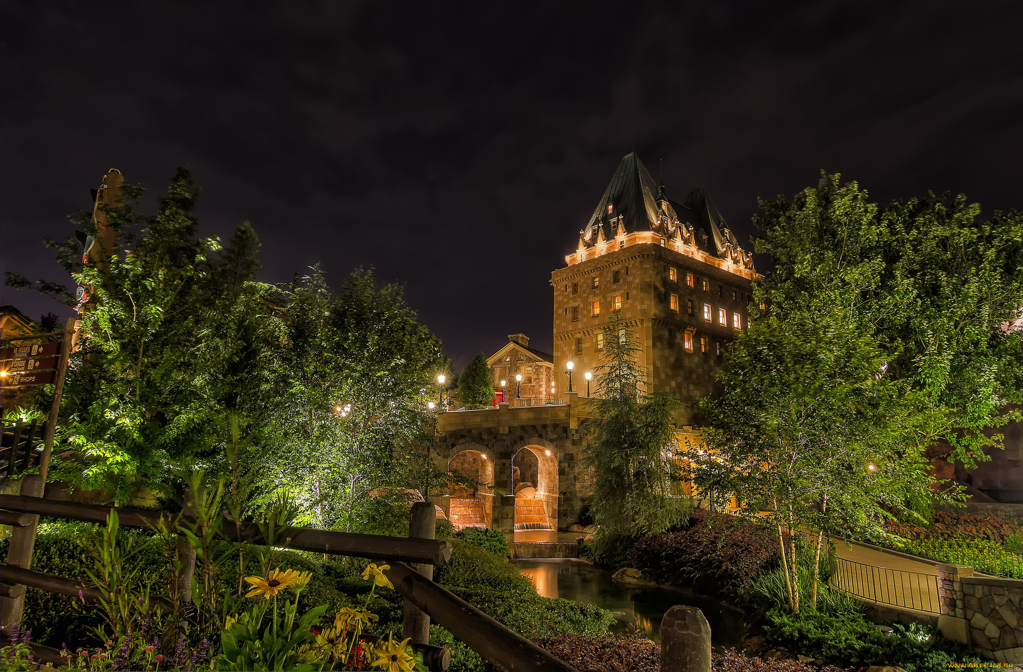 epcot`s, canada, города, диснейленд, дома, арки, деревья, фонари, мост, река, ночь