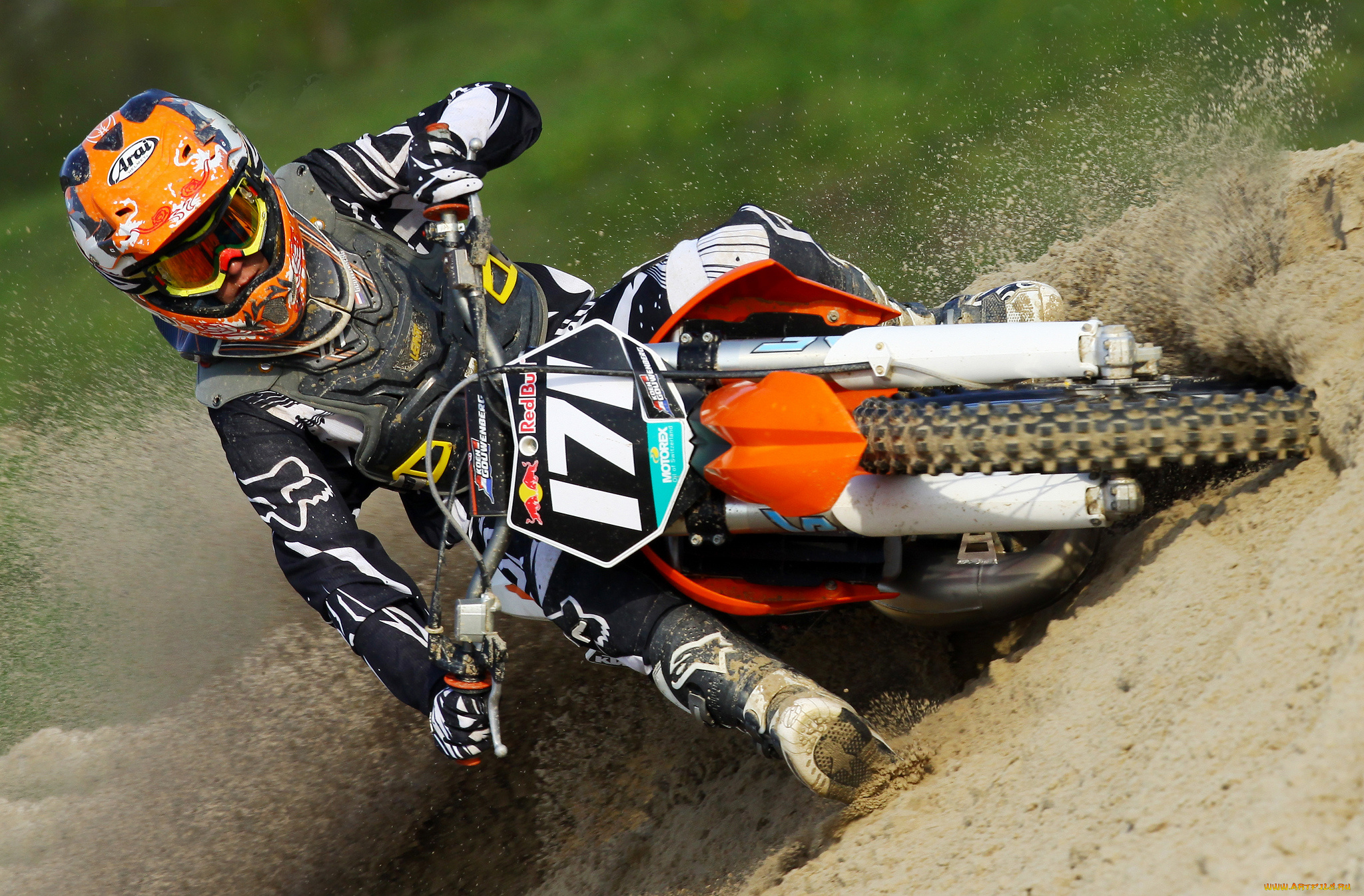 спорт, мотокросс, байк, гонщик, песок, шлем, экипировка