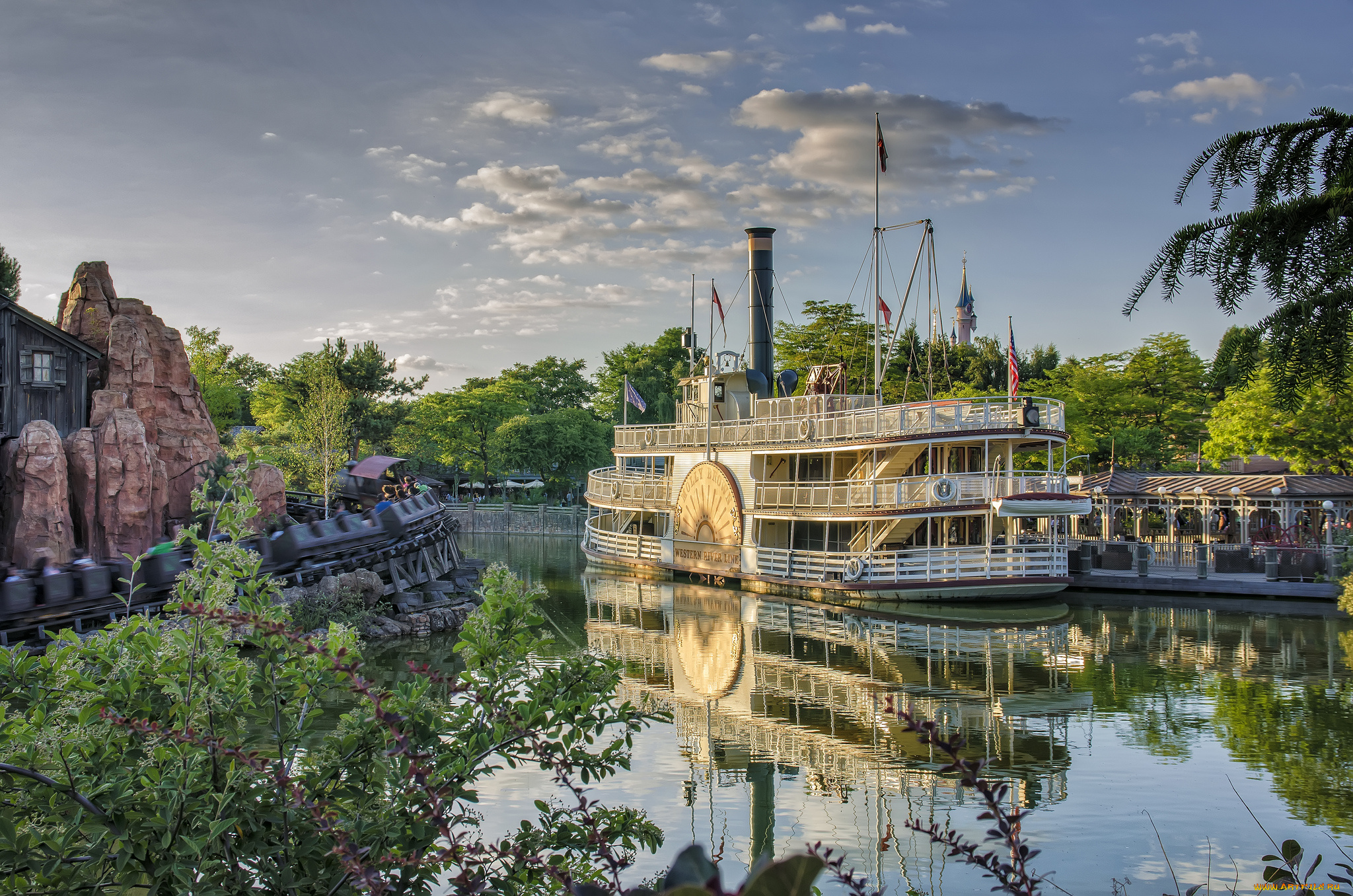 roller, coaster, and, riverboat, корабли, пароходы, колесный, парк, река, пароход