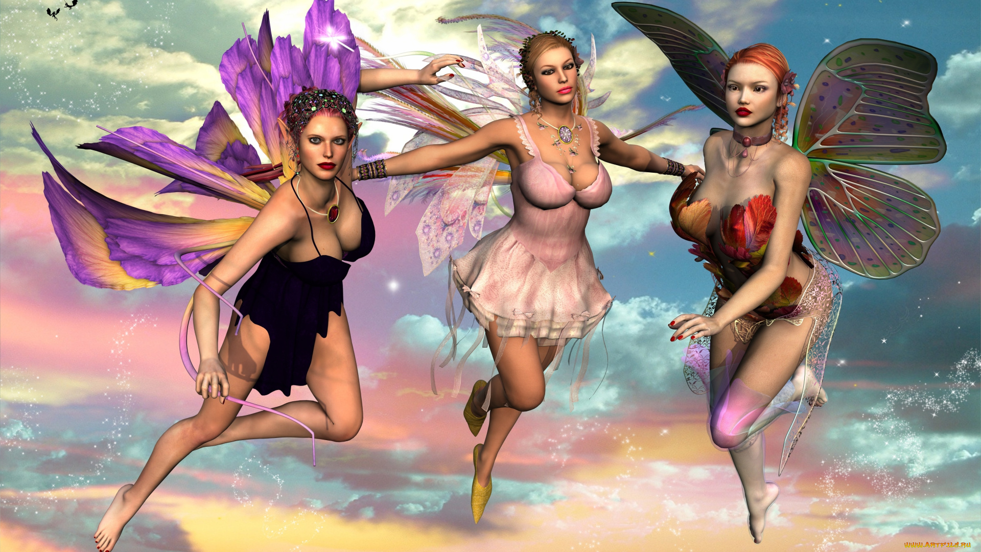 3д, графика, эльфы, , elves, фон, взгляд, феи