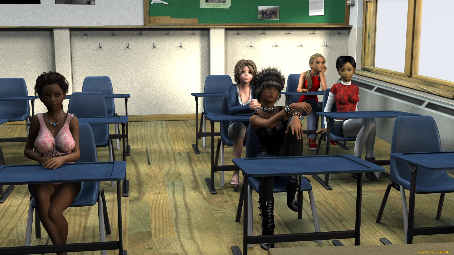 3д, графика, люди, , people, взгляд, девушки, столы, класс, стулья, фон
