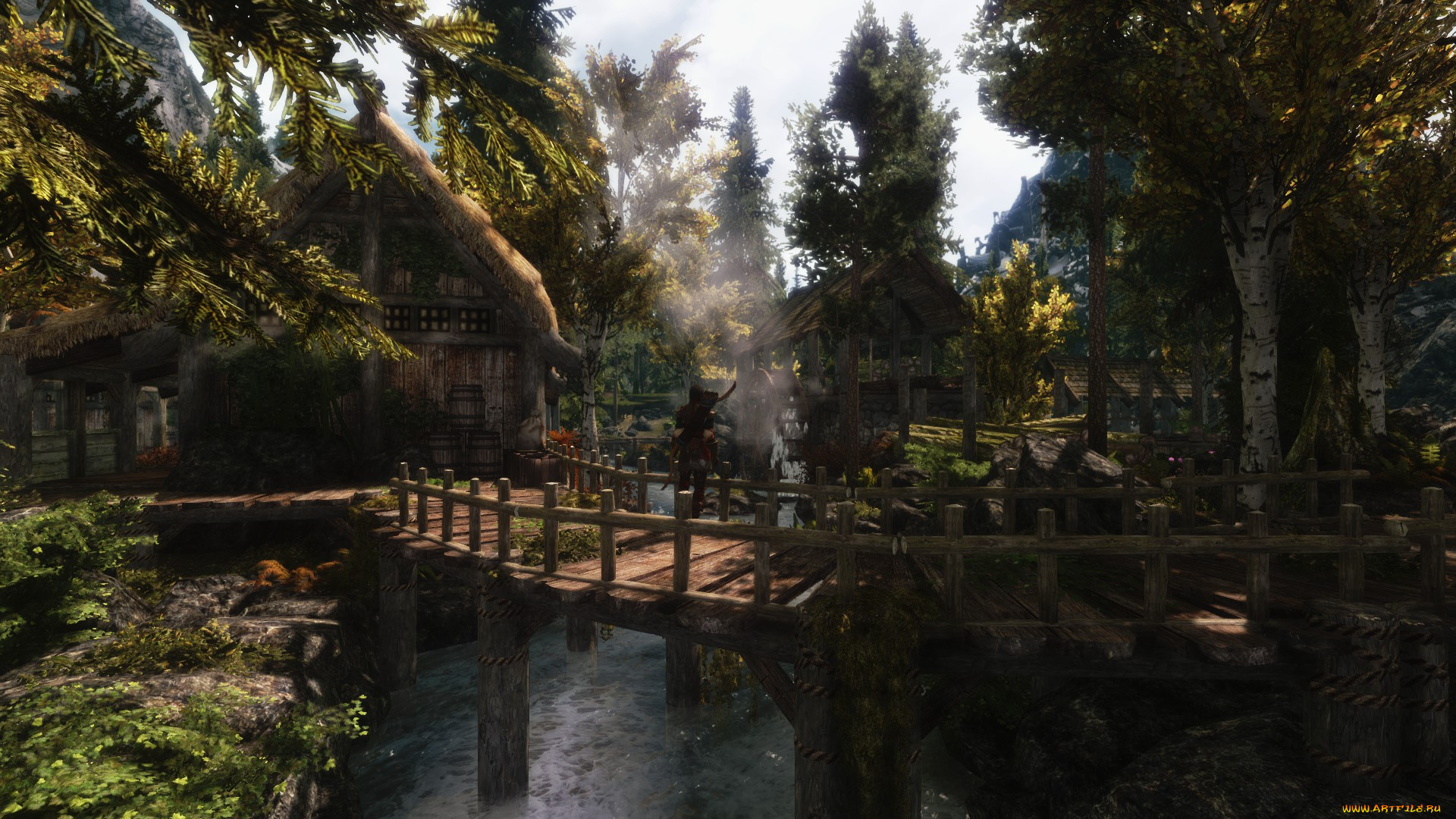 3д, графика, природа, , nature, лес, дом, мост, река