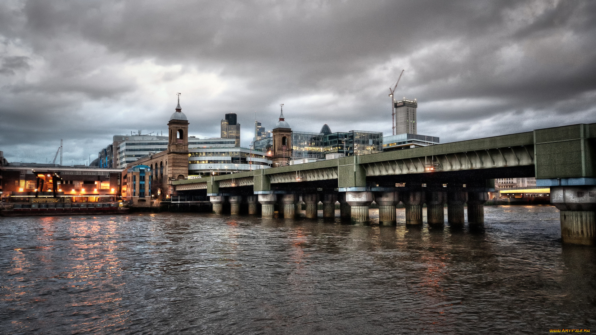 cannon, street, railway, bridge, , london, города, лондон, , великобритания, тучи, мост, река