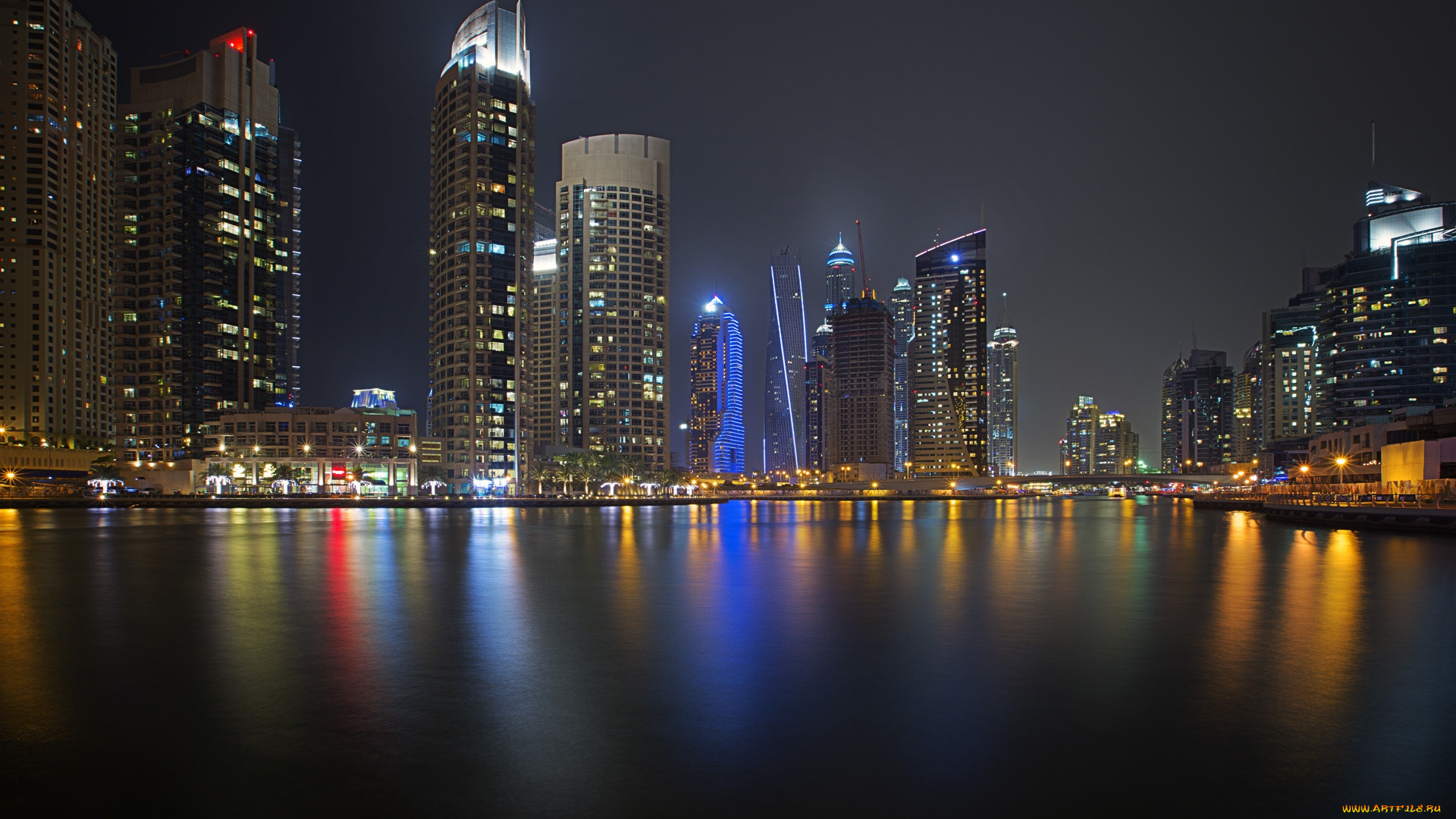 dubai, marina, города, дубай, , оаэ, небоскребы, акватория, ночь, огни