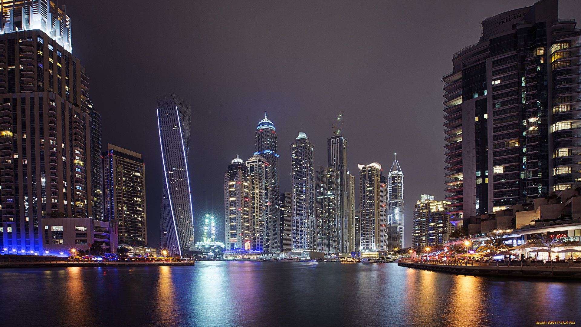 dubai, marina, города, дубай, , оаэ, огни, небоскребы, ночь, акватория